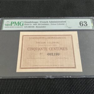 GUADELOUPE: 50cts trésor colonial 1884, Pick 1r, PMG63, UNC