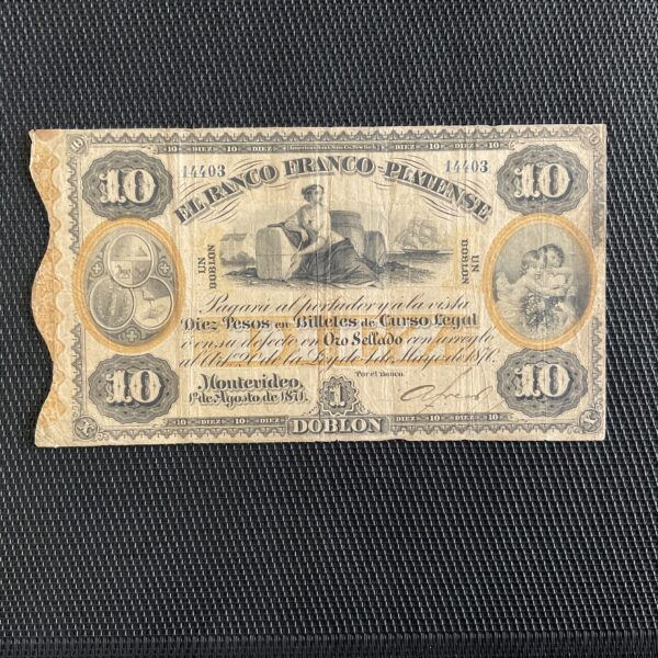 URUGUAY: 10 pesos 01/08/1871, Franco Platense, Pick S172a, TTB/VF
