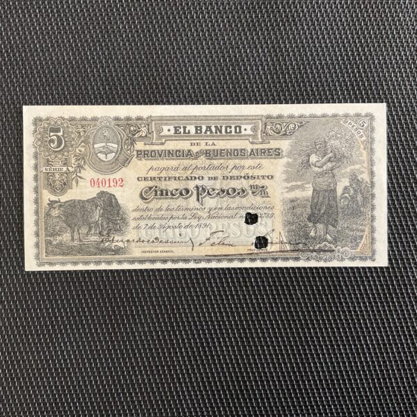 ARGENTINE: 5 pesos 07/08/1891, Pick S575b Annulé, Pr.NEUF/AUNC