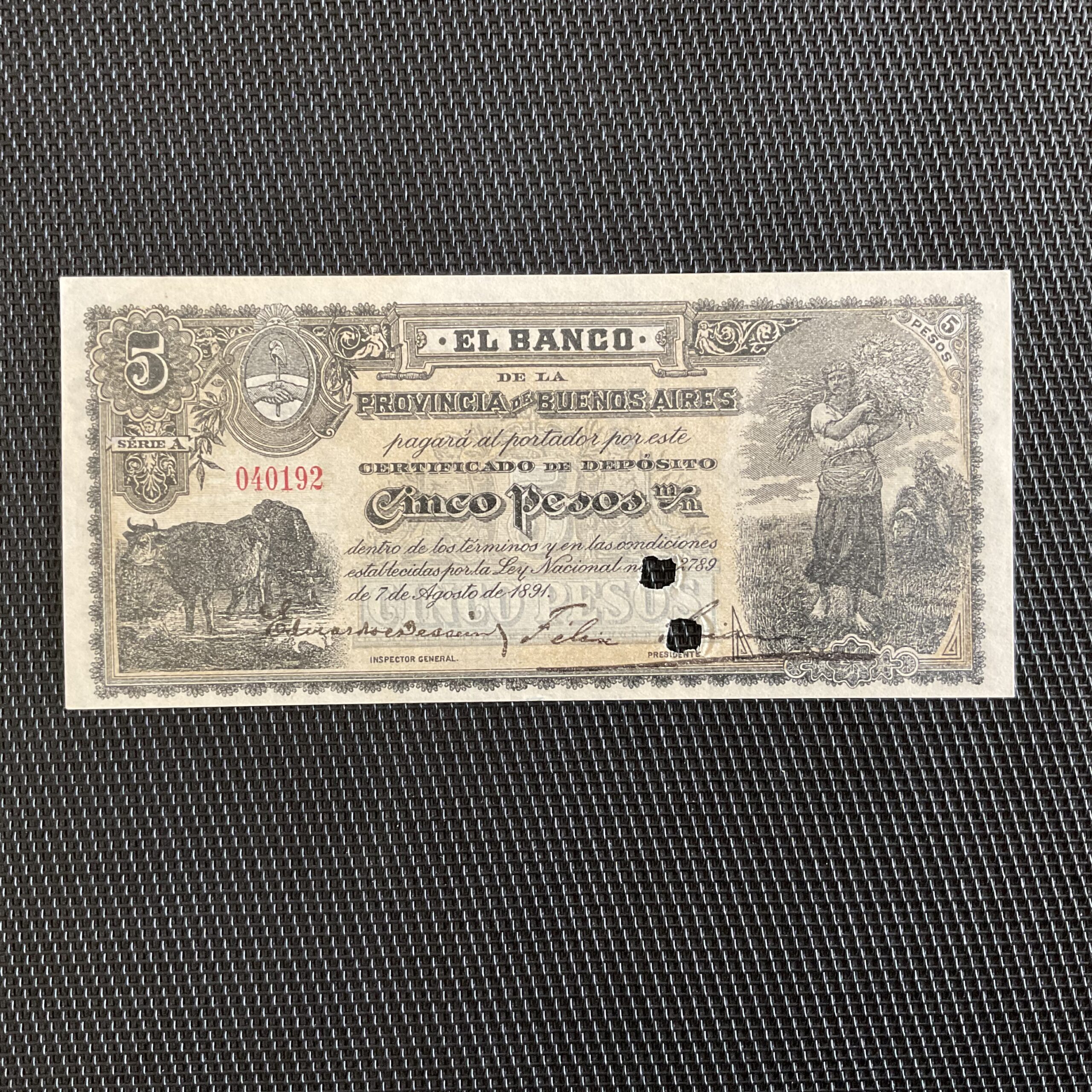 ARGENTINE: 5 pesos 07/08/1891, Pick S575b Annulé, Pr.NEUF/AUNC