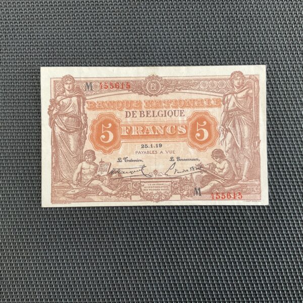 BELGIQUE: 5 Francs 25/01/1919, Pick 74b, Pr.SPL/AU