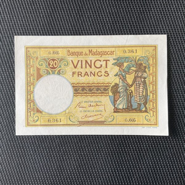 MADAGASCAR: 20 Francs ND 1937/47, Pick 37b, SPL/AU