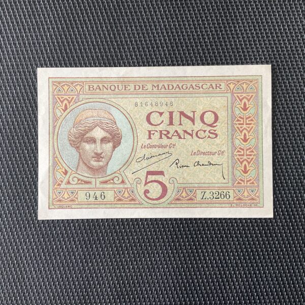 MADAGASCAR: 5 Francs ND 1937, Pick 35b, SPL/AU