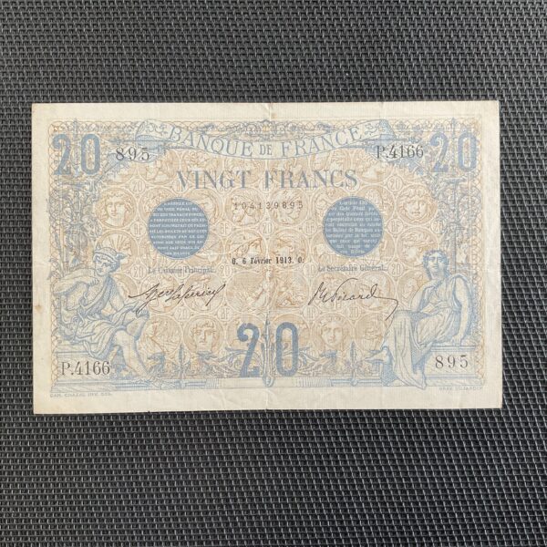 FRANCE: 20 Francs Bleu 06/02/1913, date rare, F10-03, TTB+/VF+