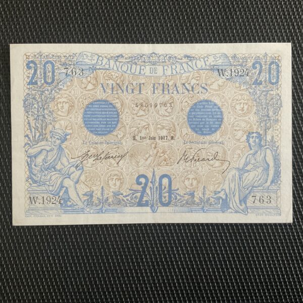FRANCE: 20 F bleu 01/06/1912, F10-02, SUP+/XF+