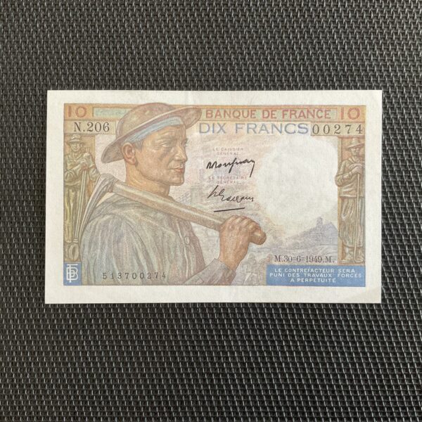 FRANCE: 10 francs mineur 30/06/1949, Alph 206 petit numéro, Pr.SPL/AU