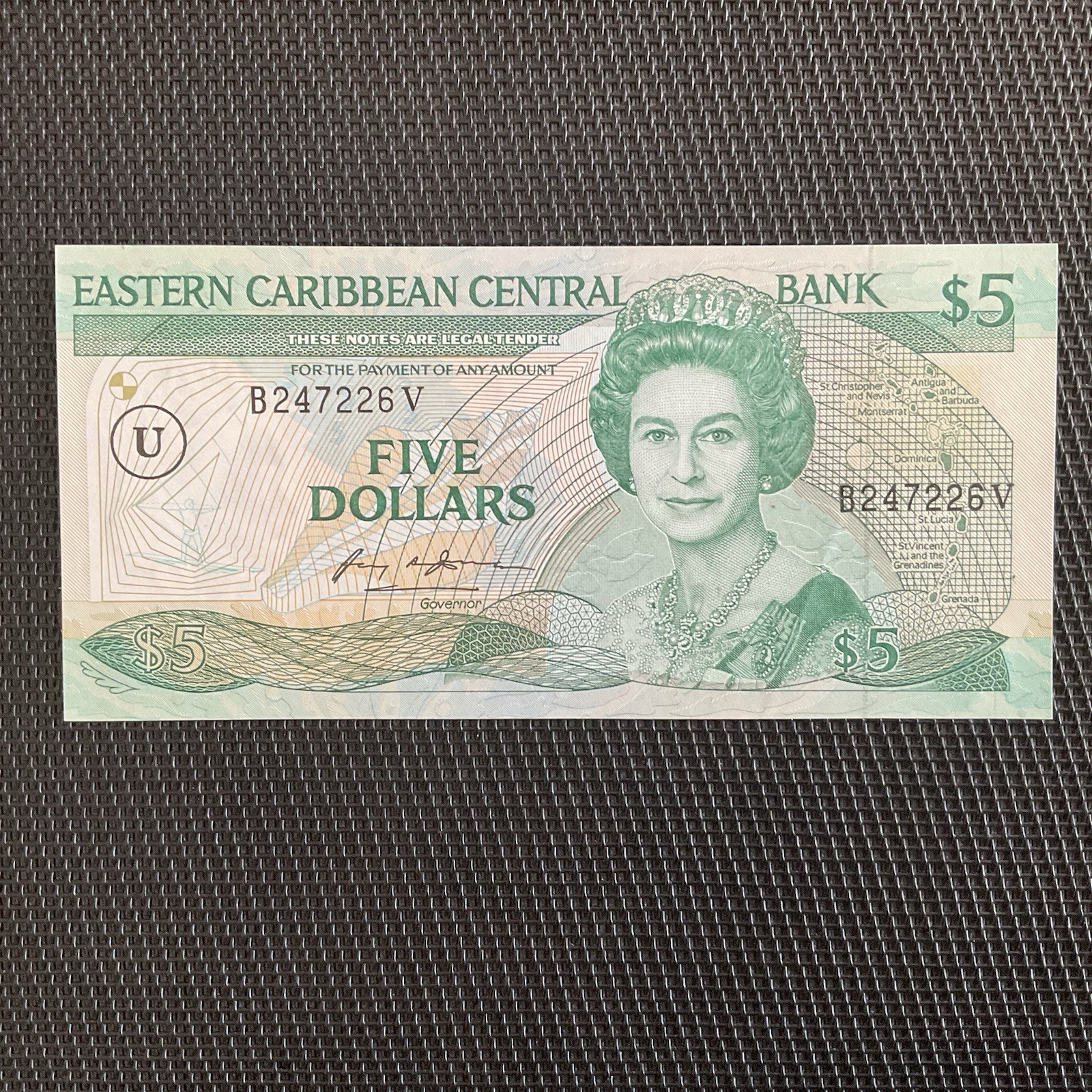 EAST CARIBBEAN: 5 Dollars ND 1986, Lettre U Anguilla, Pick 18u, SPL/AU 🔥