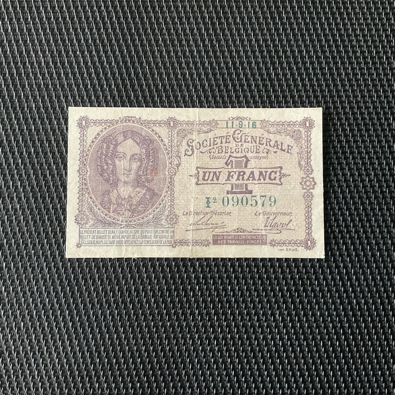 BELGIQUE: 1 Franc 11/09/1916, Société Générale , Pick 86b, TTB/VF 💥