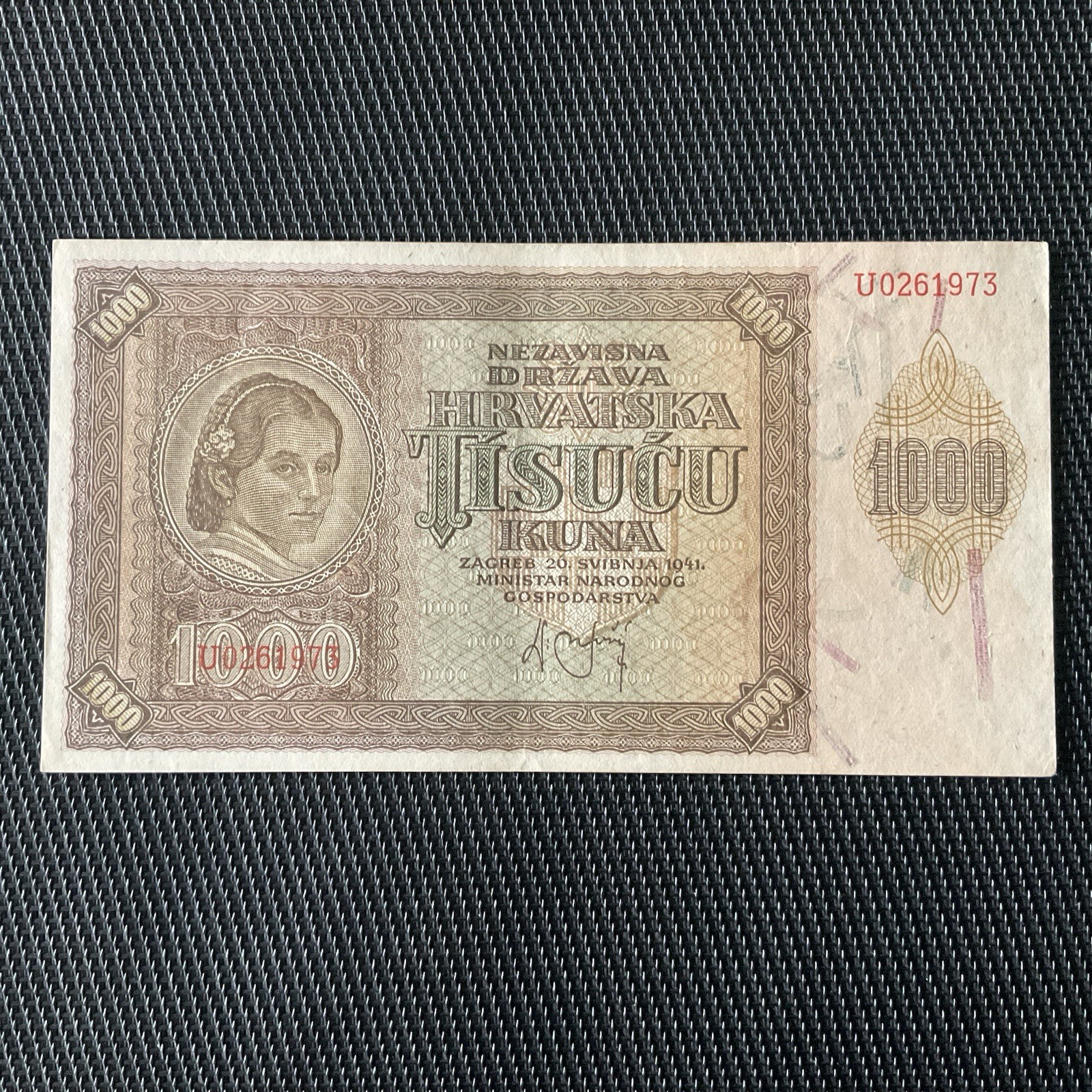 CROATIE: 1000 Korun 1941, Pick 4a, SPL/AU 💥