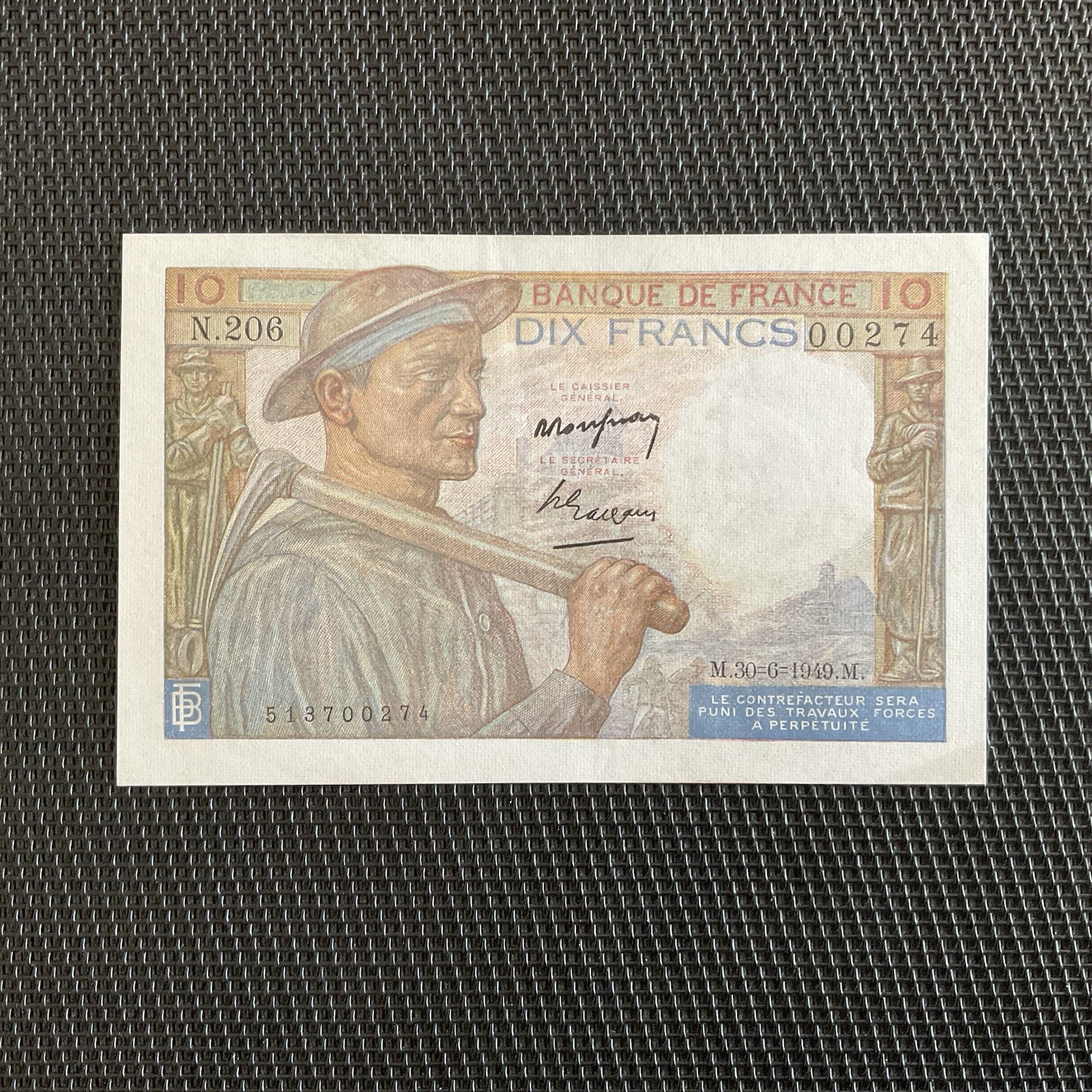 FRANCE: 10F Mineur 30/06/1949, Derniere Date, SN00274, Alph 206, Pr.SPL/AU 🇫🇷