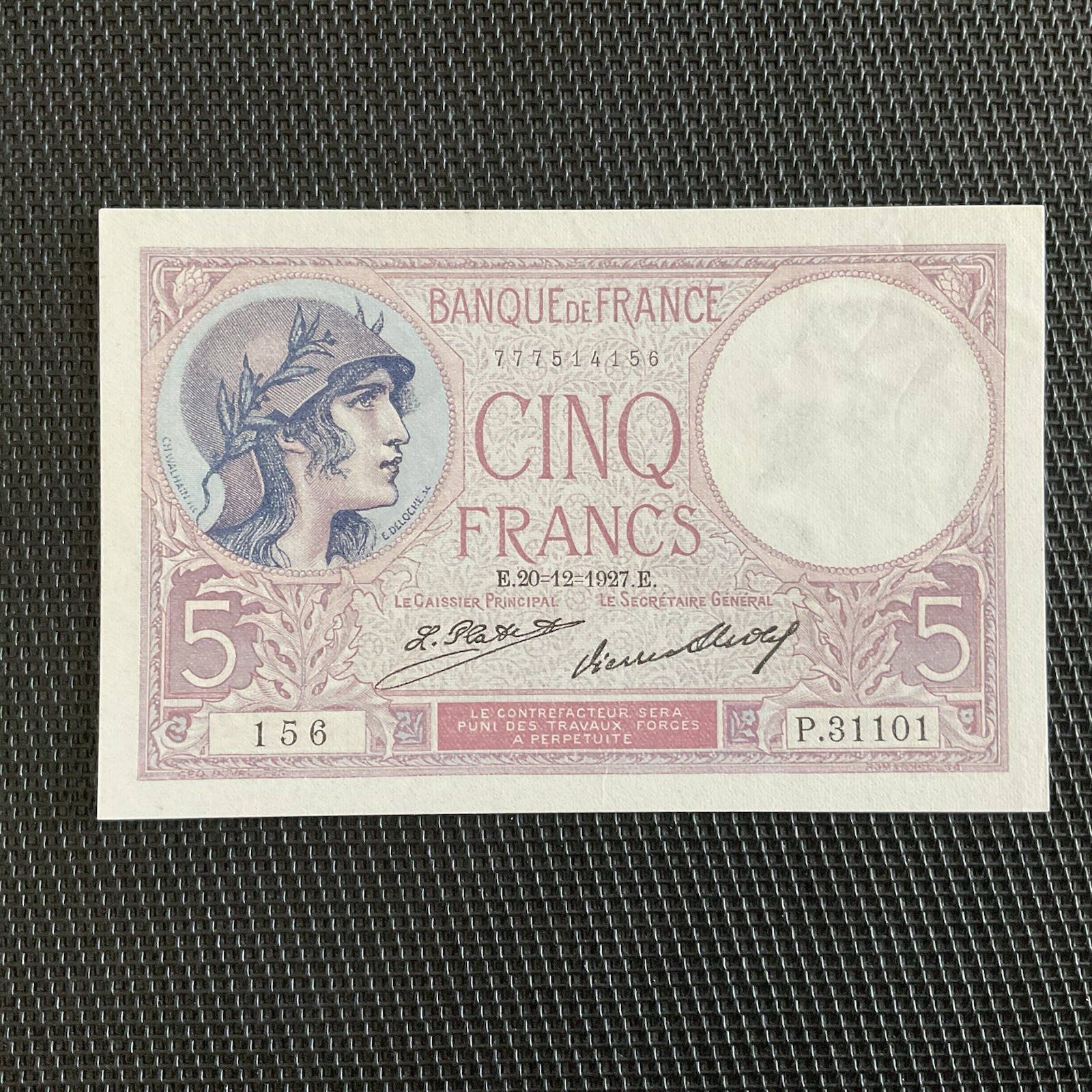 FRANCE: 5 Francs Femme Casquée 20/12/1927, F03-11, Pr.NEUF/AUNC 🇫🇷