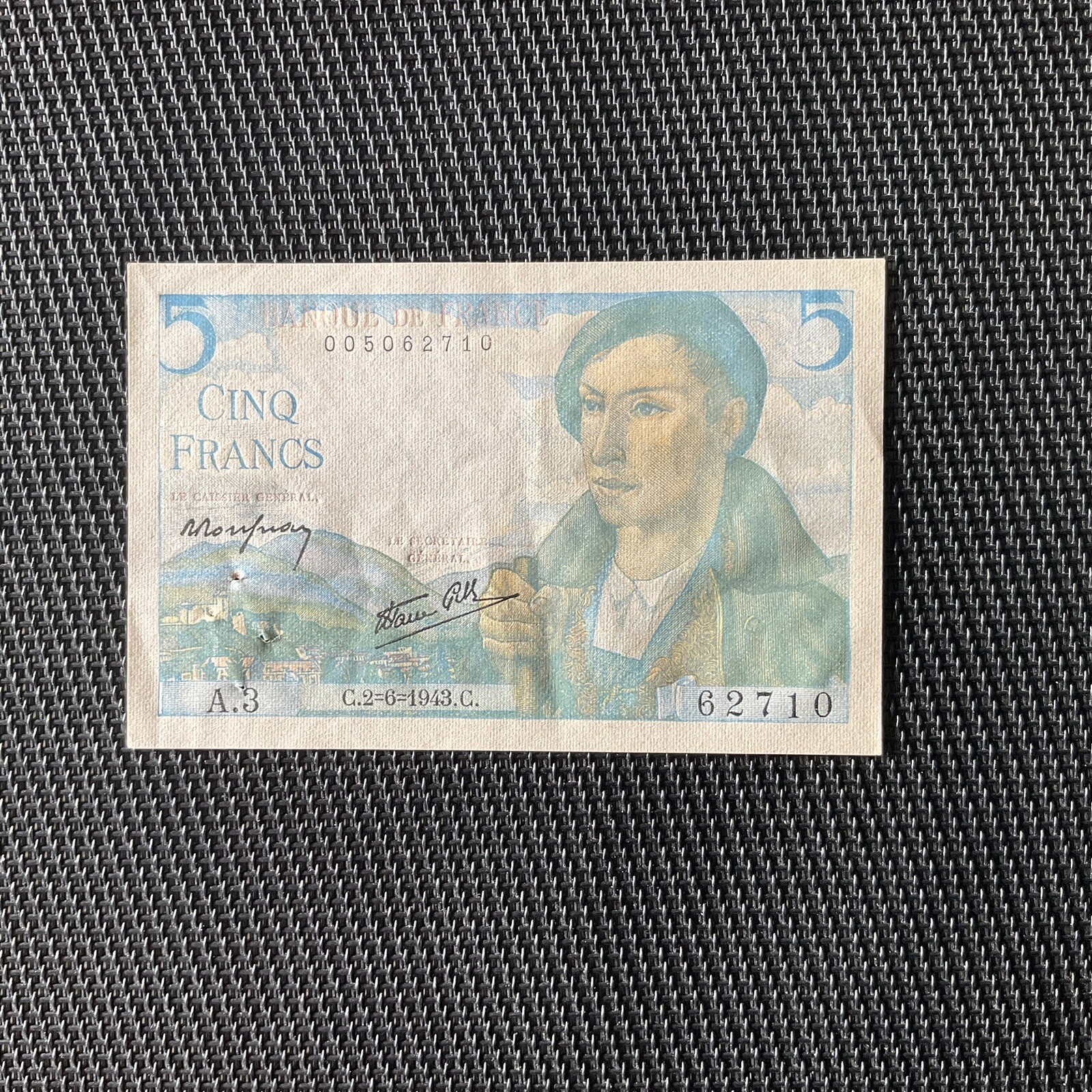 FRANCE: 5 Francs Berger 02/06/1943, Alph A3, Pr.SUP/XF 🇫🇷