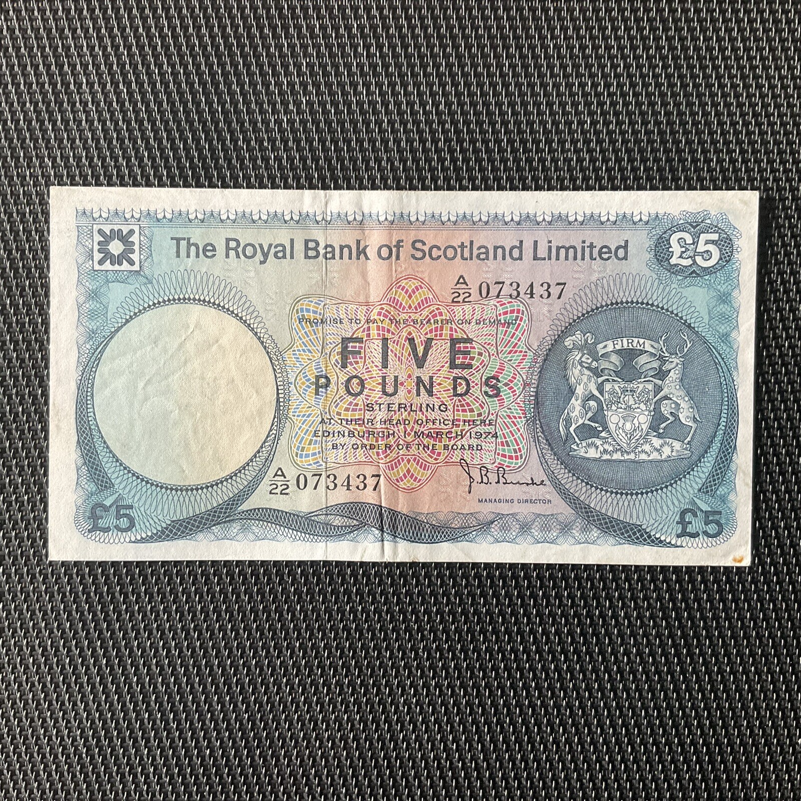ÉCOSSE: 5 Pounds 01/03/1974, Royal Bank Of Scotland, Pick 337, TTB/VF 🔥