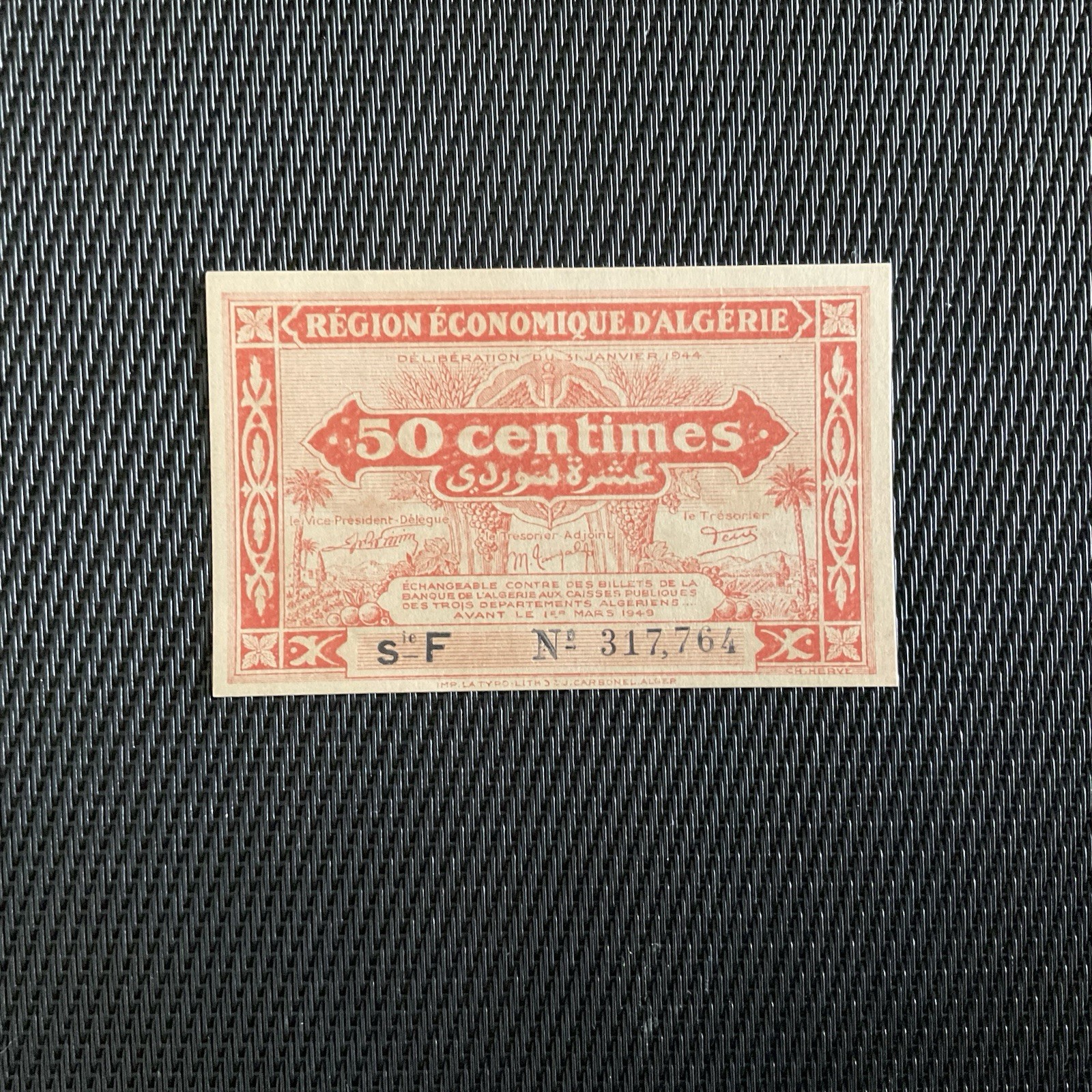 ALGÉRIE: 50cts Trésorerie Région Économique 1944, Pick 97b, NEUF/UNC 💥
