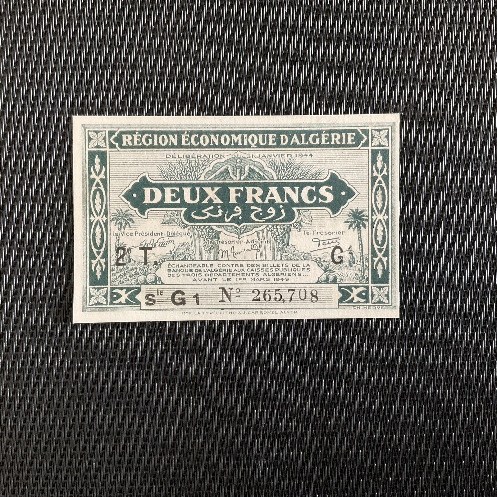 ALGÉRIE: 2 Francs Trésorerie Région Économique 1944, Pick 102, NEUF/UNC 🔥