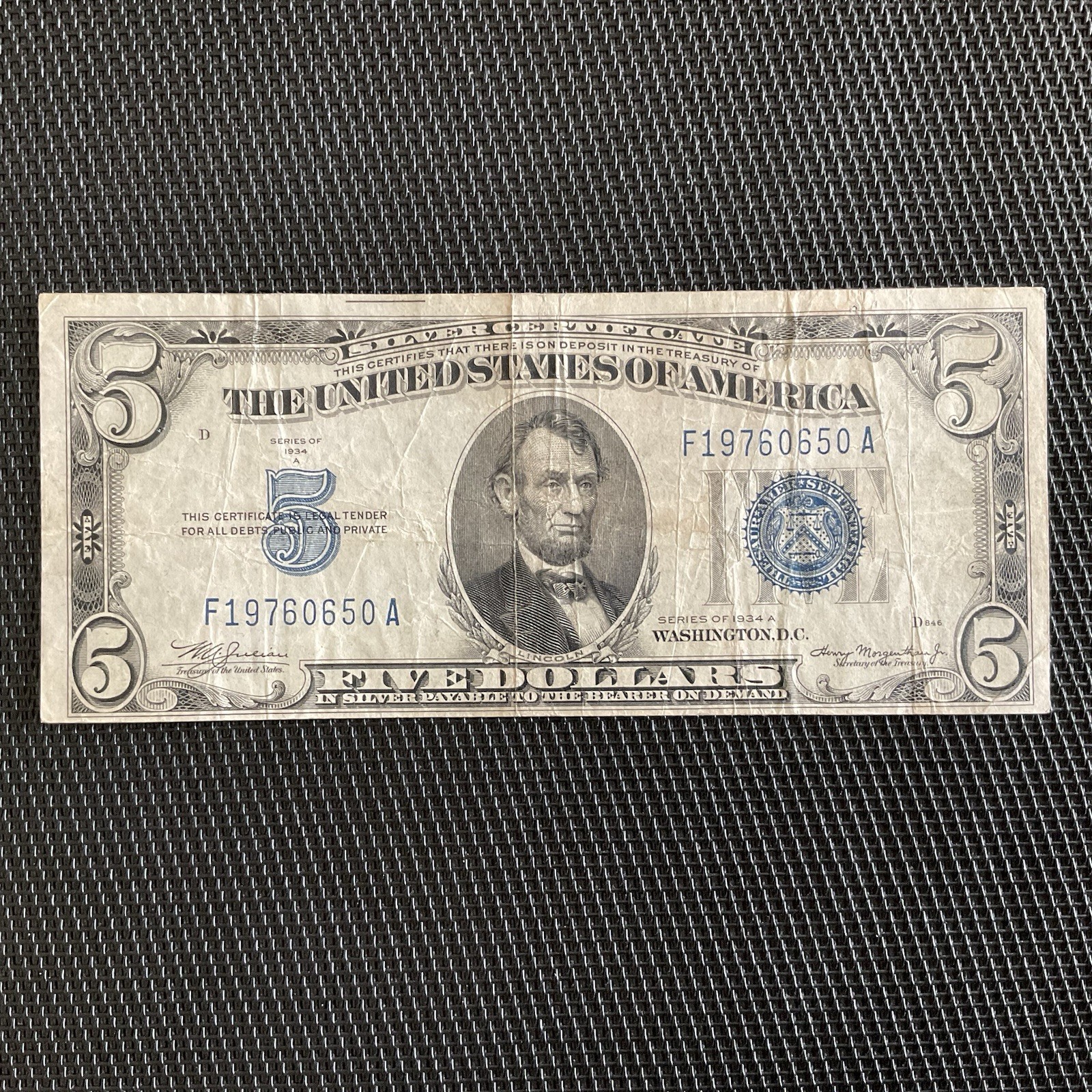 ÉTATS UNIS: 5 Dollars Série 1934A, Silver Certificate, Pick 414Aa, Pr.TTB/aVF 🌐