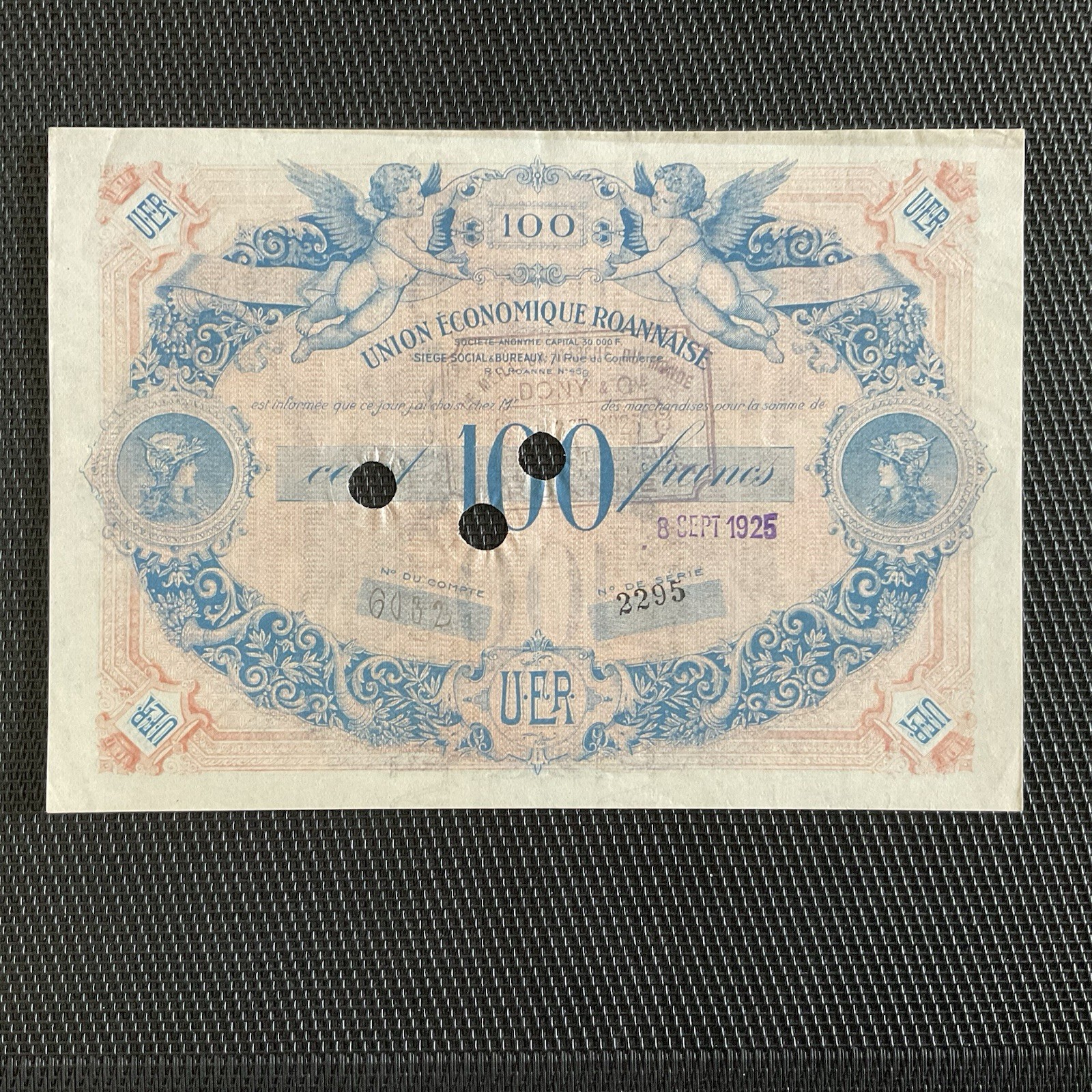 FRANCE: 100F Union Économique Roannaise 1925 Annulé, TTB+/VF+ 🇫🇷