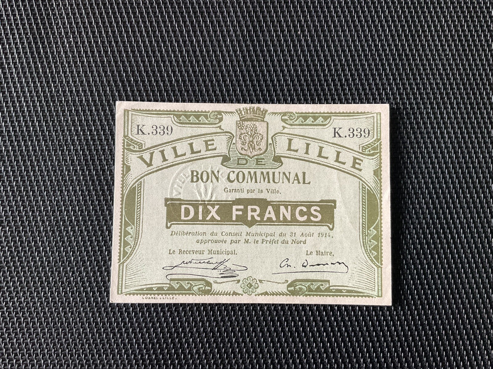 FRANCE: Bon Communal De Lille 21/08/1914, Pr.NEUF/AUNC 🇫🇷