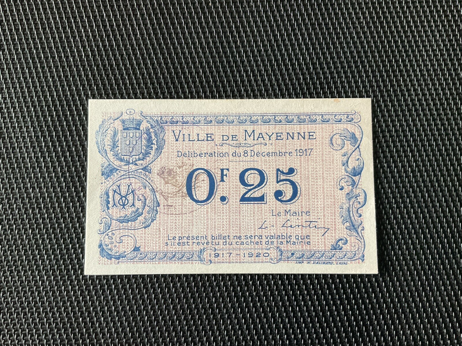 FRANCE: 25cts Ville De Mayenne, 08/12/1917, Pr. NEUF/AUNC 🇫🇷