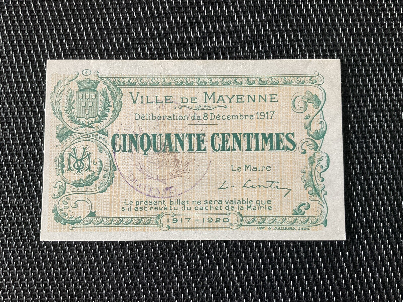 FRANCE: 50 cts Ville De Mayenne 08/12/1917, Pr.NEUF/AUNC 🇫🇷