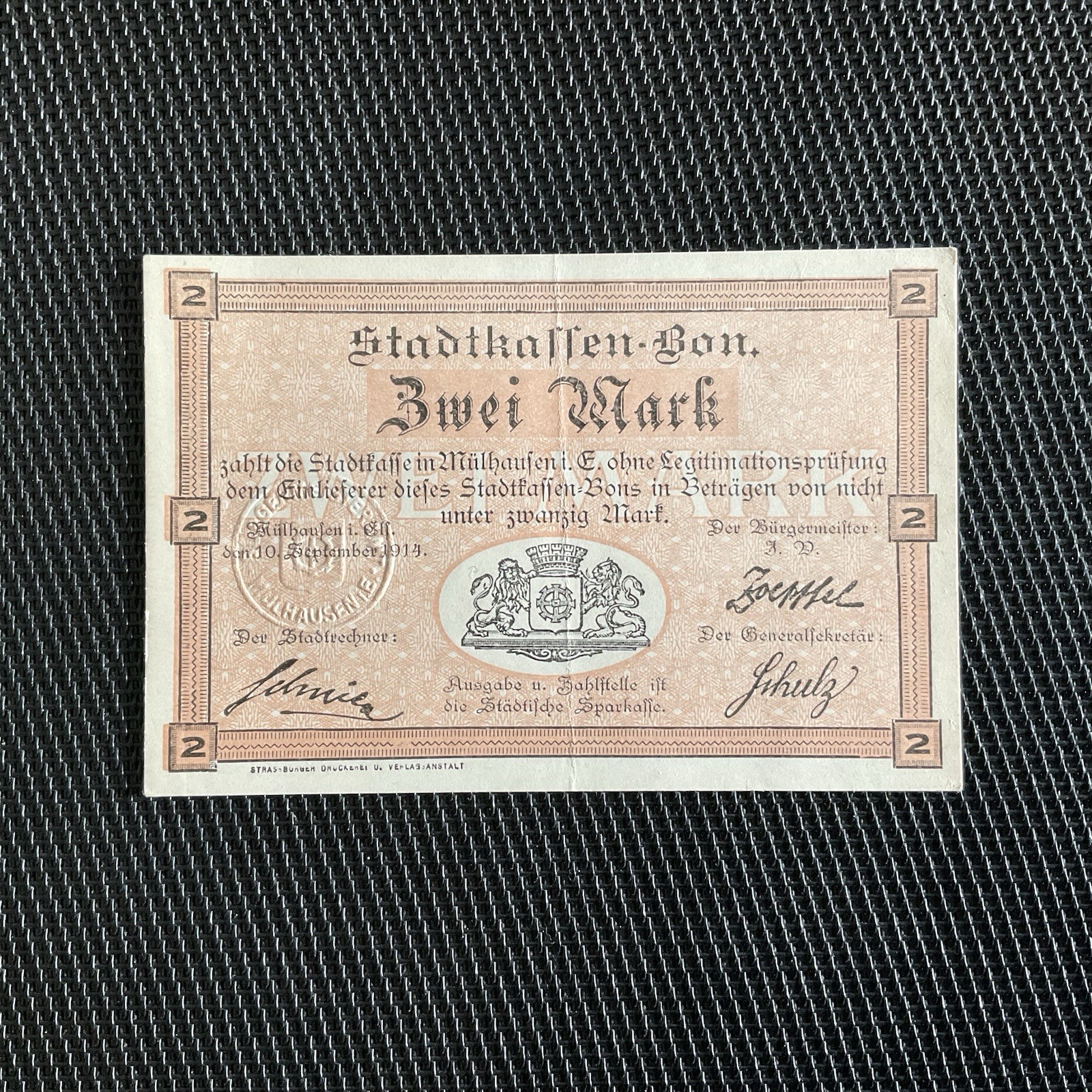 FRANCE/ALLEMAGNE: Bon De 2 Mark 10/09/1914, Mulhouse, SPL/AU 🇫🇷
