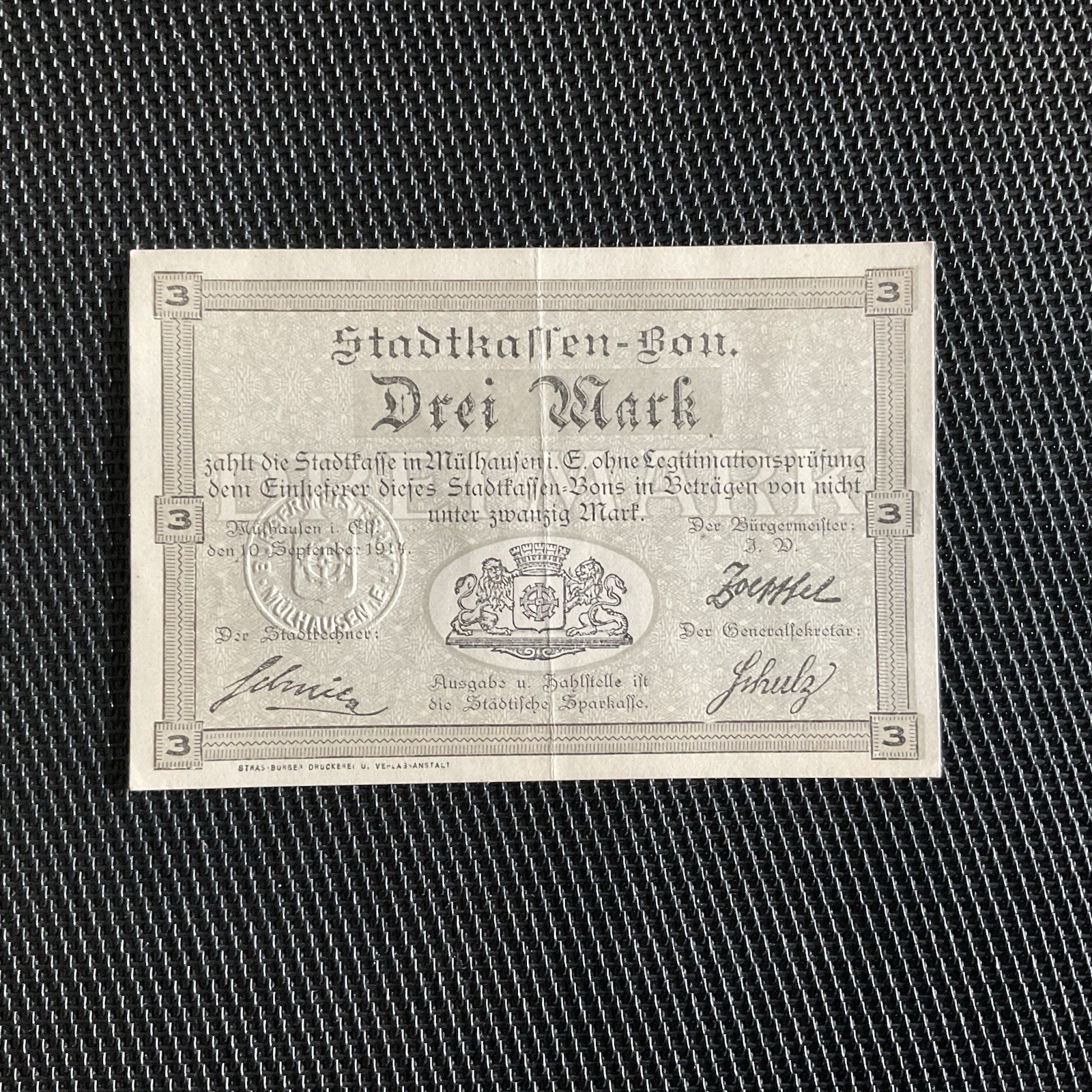 FRANCE/ALLEMAGNE: Bon De 3 Mark 10/09/1914, Mulhouse, SUP/XF 🇫🇷