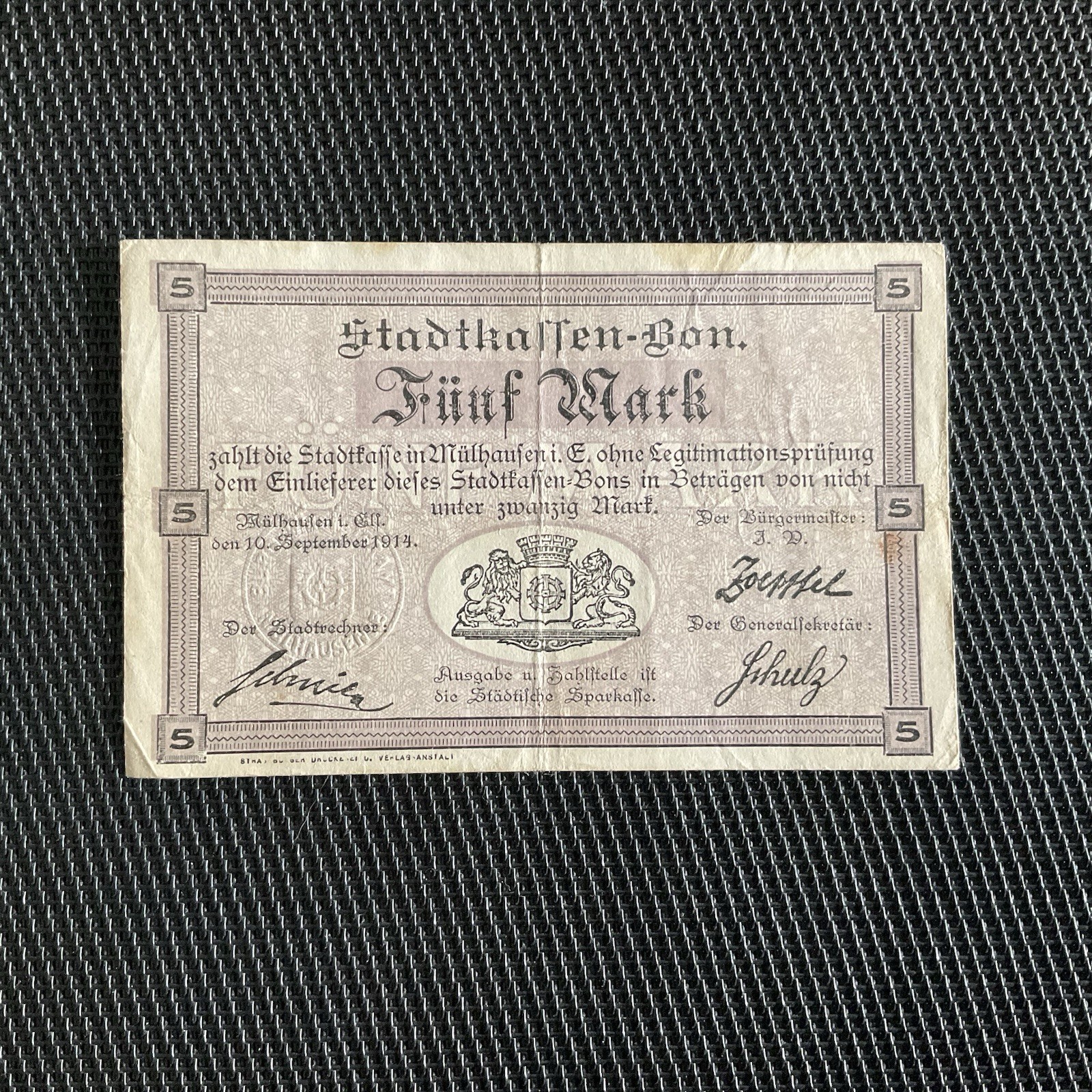FRANCE/ALLEMAGNE: Bon De 5 Mark 10/09/1914, Mulhouse, TTB/VF 🇫🇷