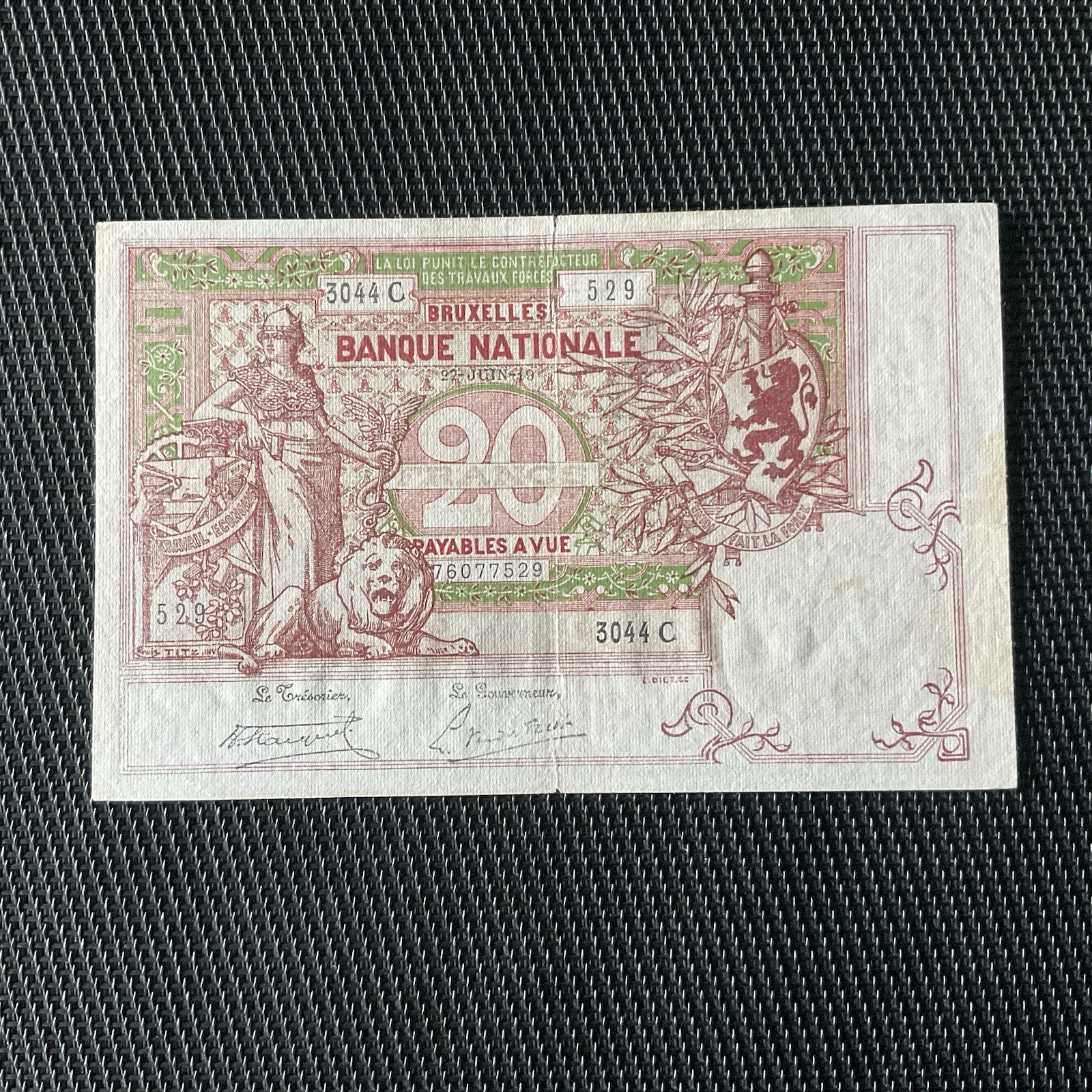 BELGIQUE: 20 Francs 27/06/1919, Pick 67, TTB+/VF+ 🌐