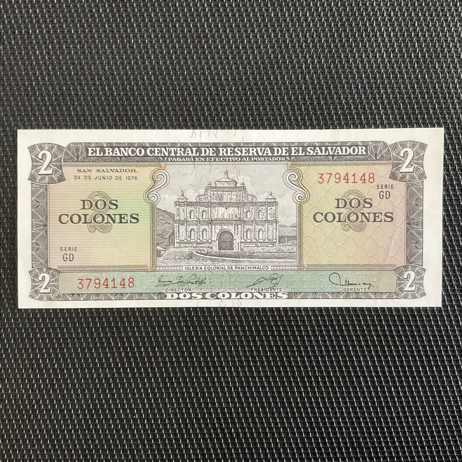 SALVADOR: 2 Colones 24/06/1976, Pick 124a Sign 2, NEUF/UNC 🌐