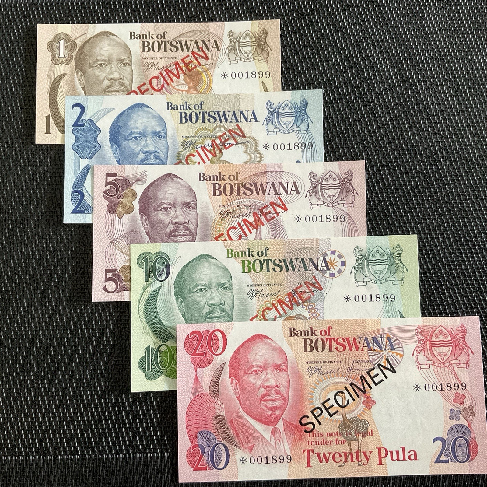BOTSWANA:  1 à 50 Pula 1976, N° Identiques, Pick 1s à 5s, SPÉCIMEN, NEUFS/UNC 🌐