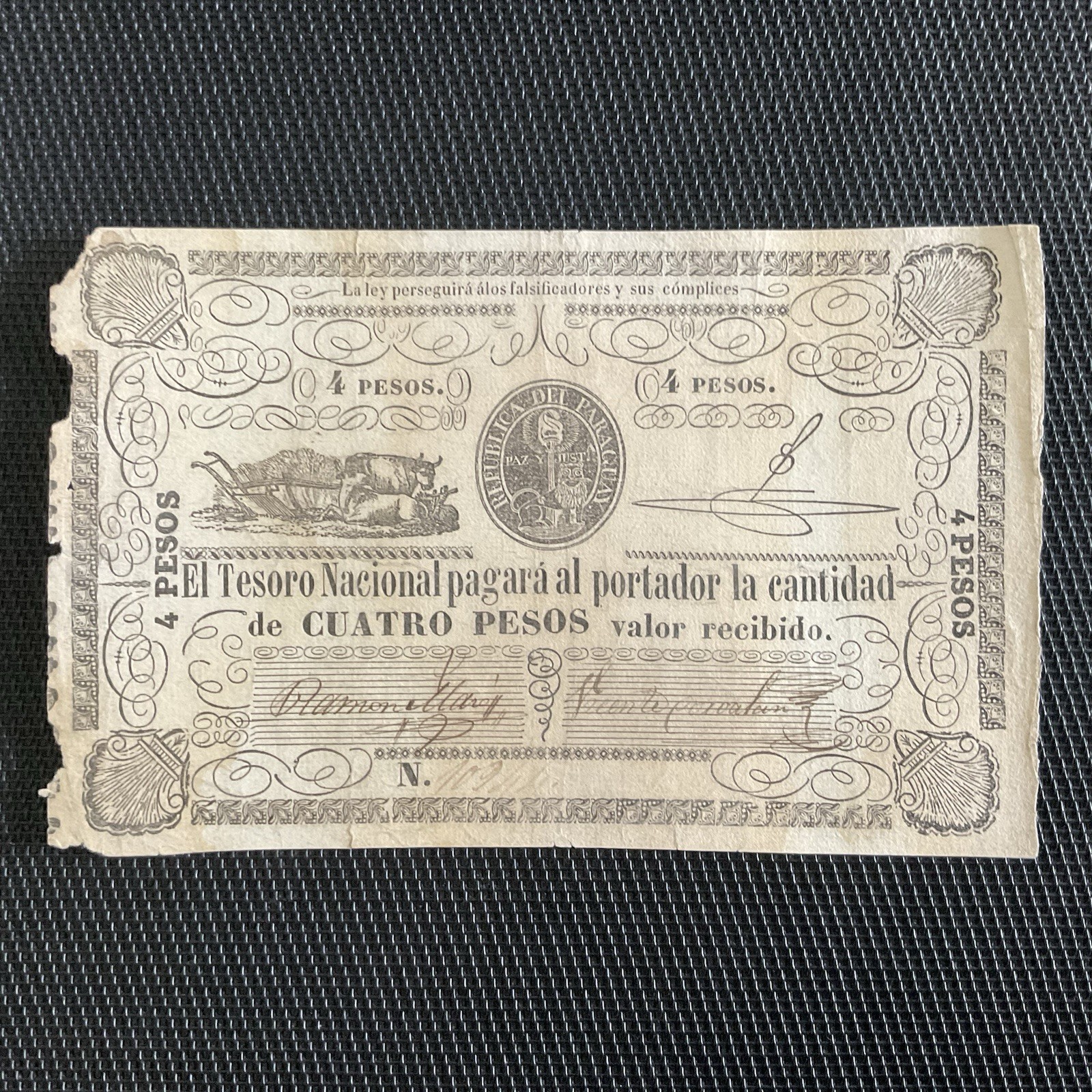 PARAGUAY: 4 Pesos 1862, Trésor National, Pick 16b, Pr.TTB/aVF 🌐