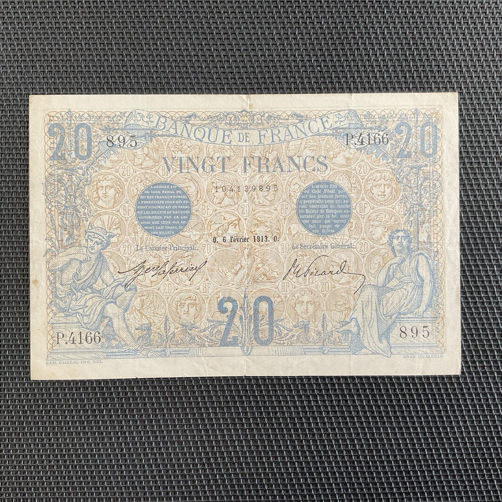 FRANCE: 20 Francs Bleu 06/02/1913, Date Rare, F10-03, TTB+/VF+ 🇫🇷