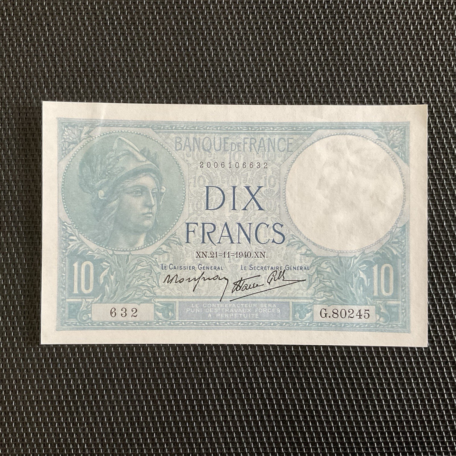 FRANCE: 10 Francs Minerve 21/11/1940, F07-21, Pr.NEUF/AUNC 🇫🇷