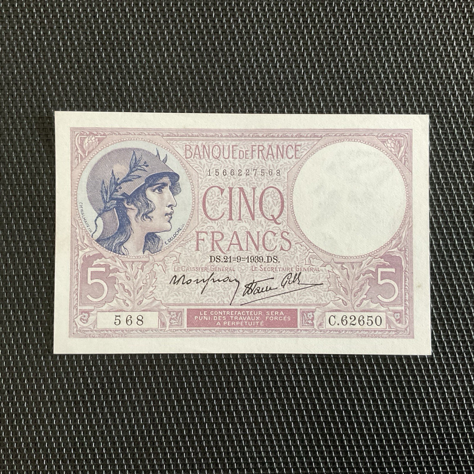 FRANCE: 5 Francs Femme Casquée Modifié, 21/09/1939, F04-09, Pr.NEUF/AUNC 🇫🇷