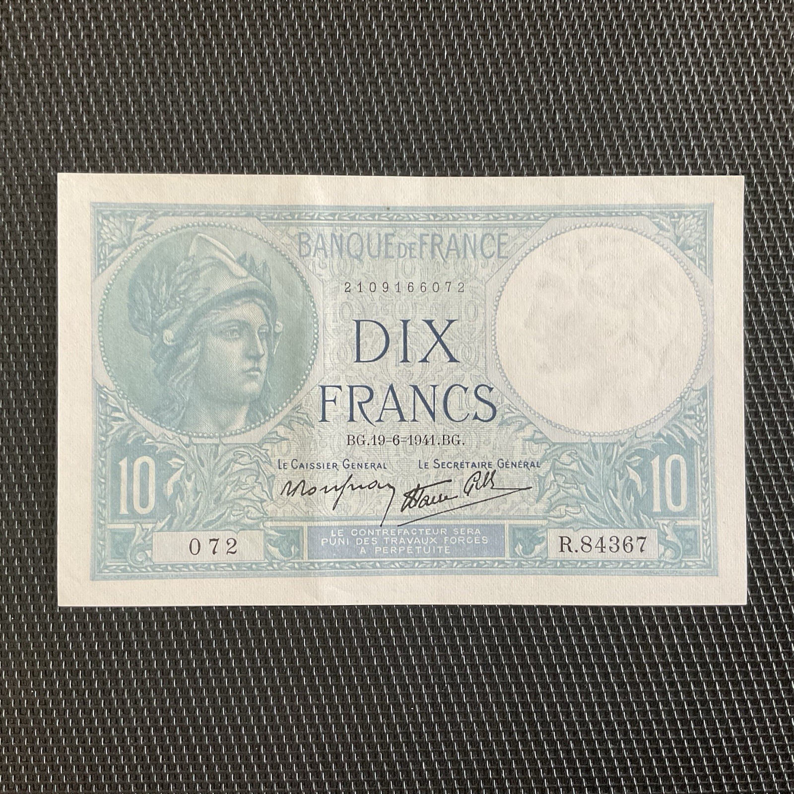 FRANCE: 10 Francs Minerve 19/06/1941, F07-29, Pr.NEUF/AUNC 🇫🇷