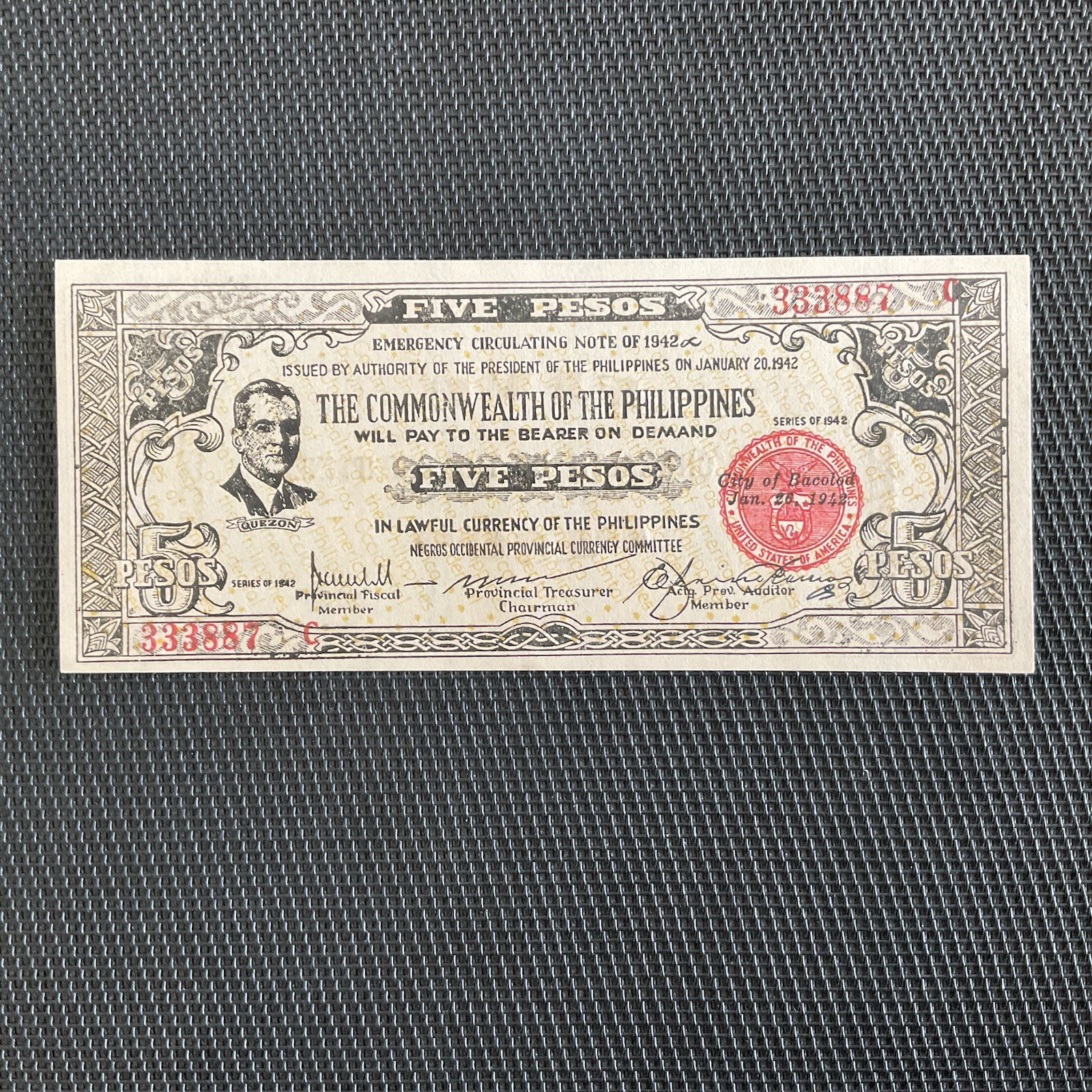 PHILIPPINES: 5 Pesos 1942, Billet D’urgence, Pick S648b, NEUF/UNC 💥