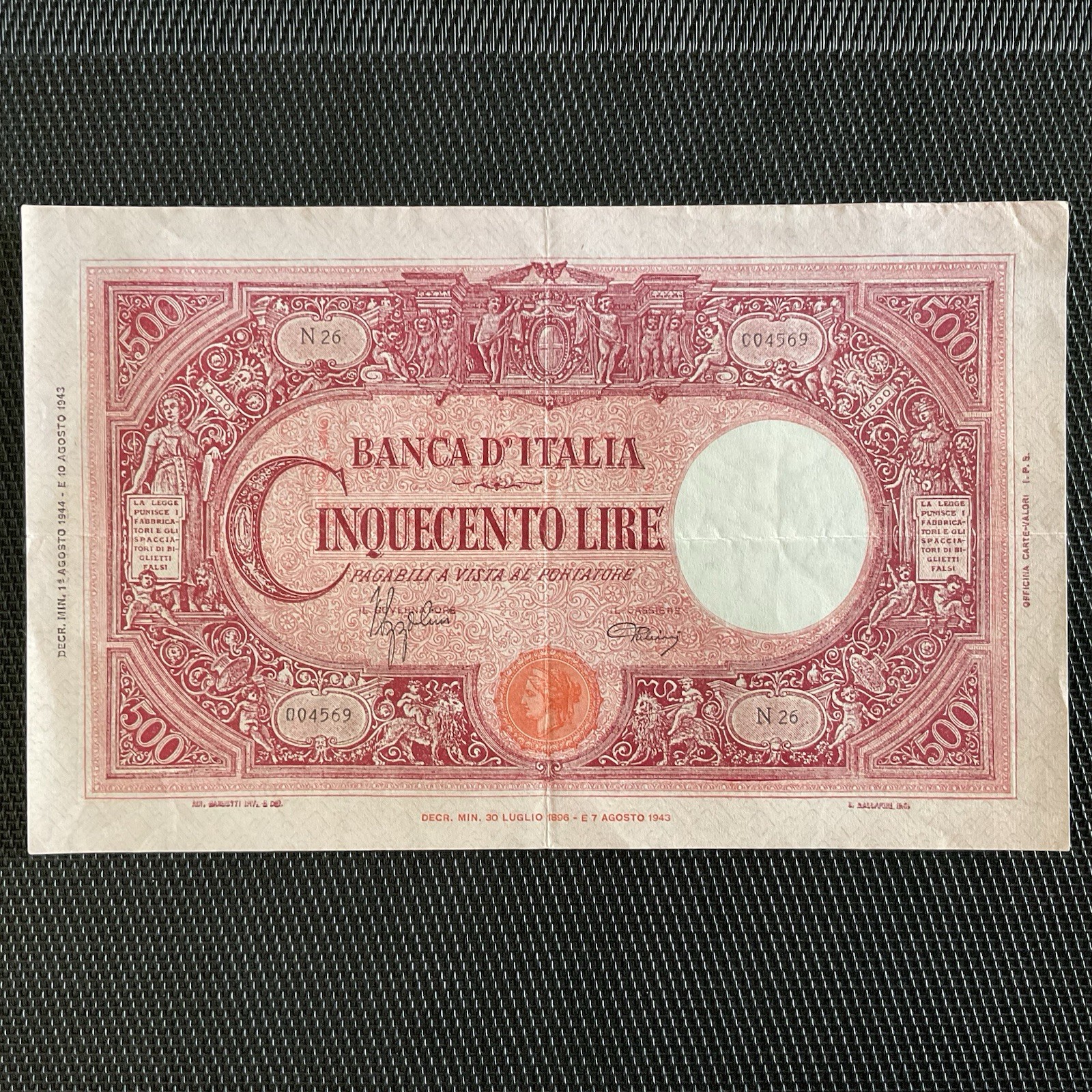 ITALIE: 500 Lires 01/08/1944, Pick 70a, SUP/XF 🔥