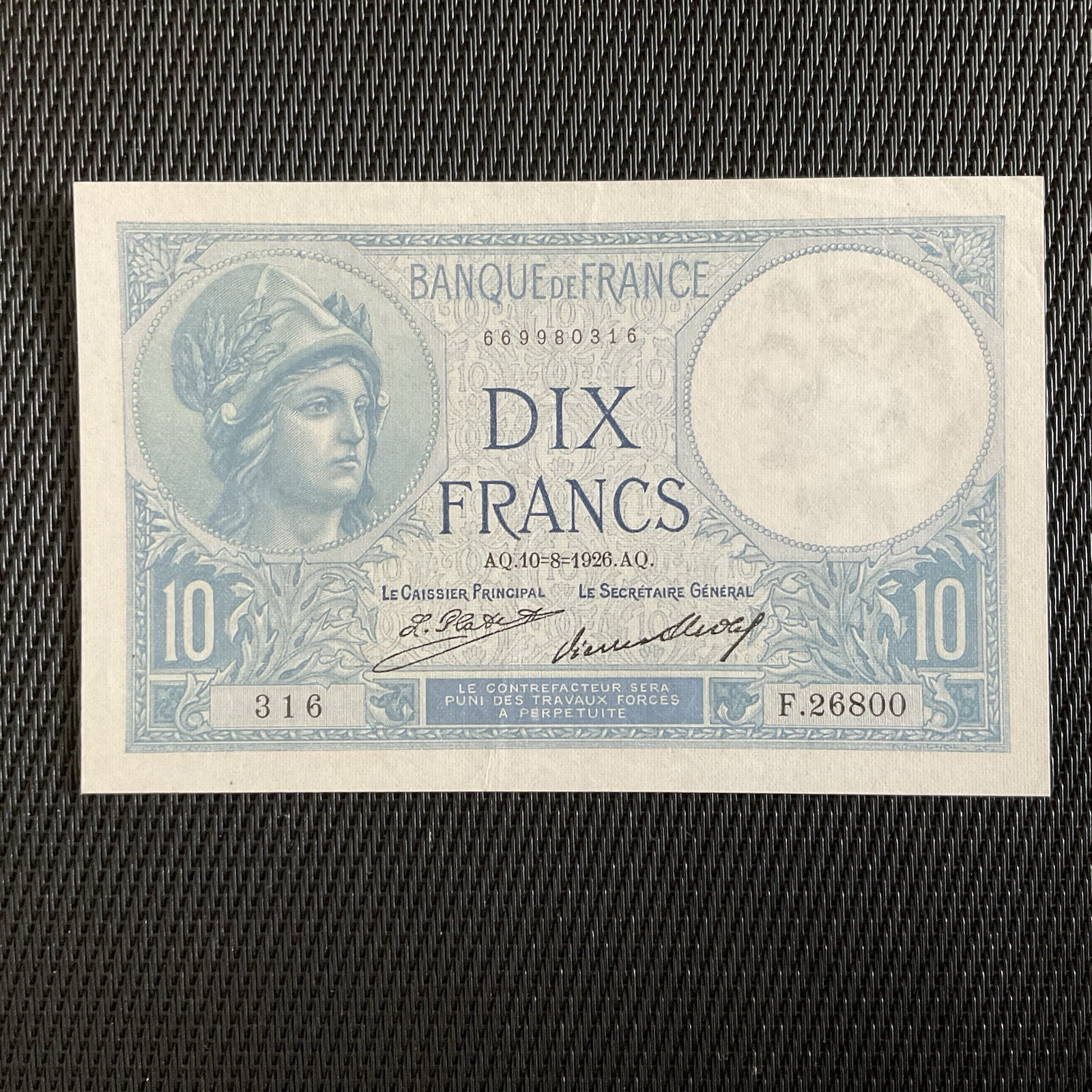 FRANCE: 10 Francs Minerve 10/08/1926, F06-10, SPL/AU 🇫🇷