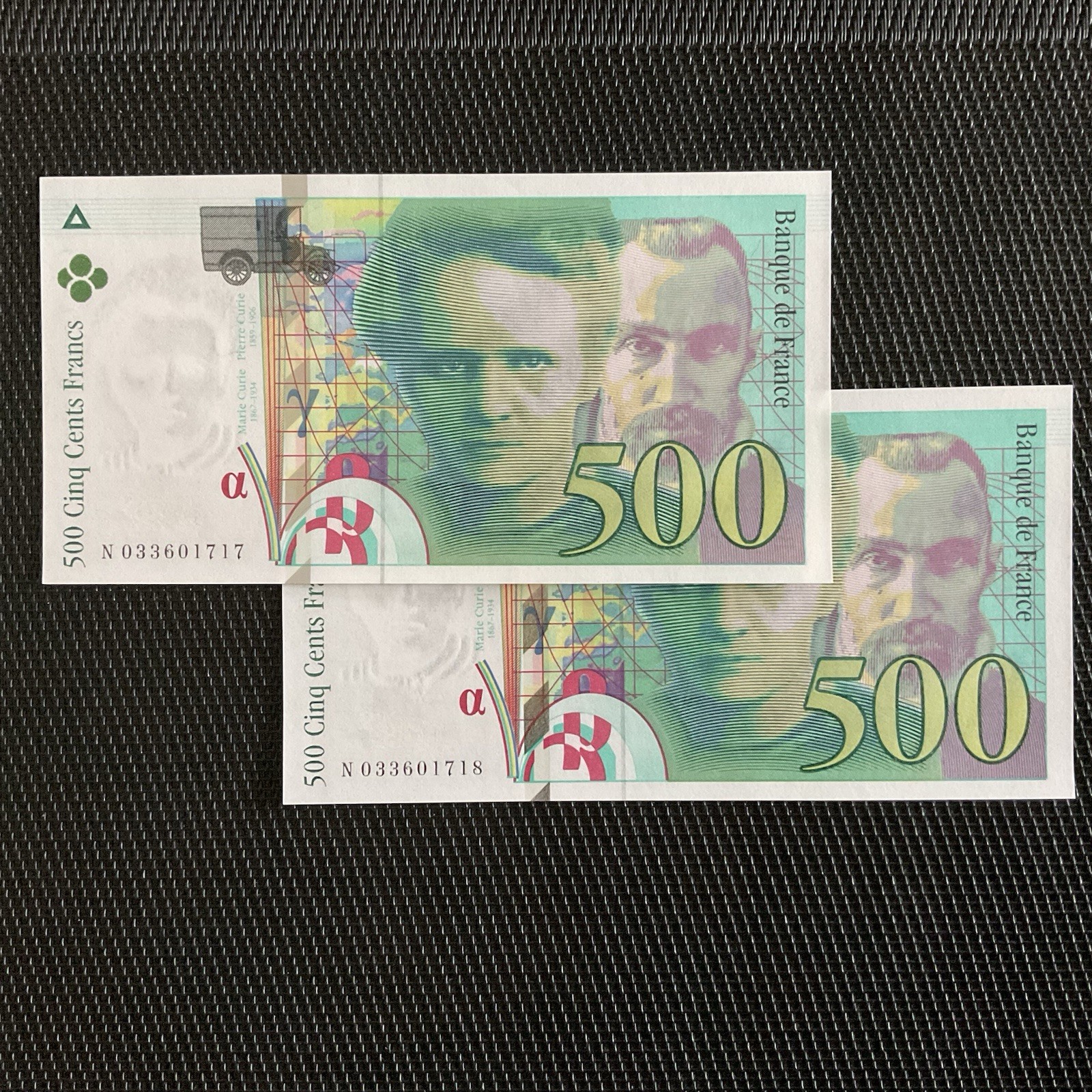FRANCE: 500 Francs Curie 1995, 2 N° consécutifs, F76-02, NEUFS/UNC 🇫🇷