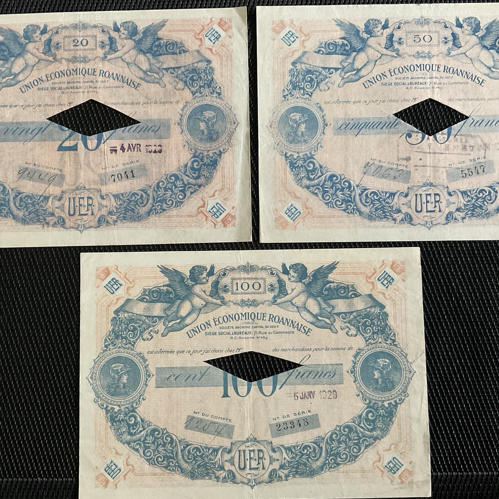 FRANCE: 20f, 50f, 100f Union Économique Roannaise Annulés 1929, TTB+/VF+ 🇫🇷