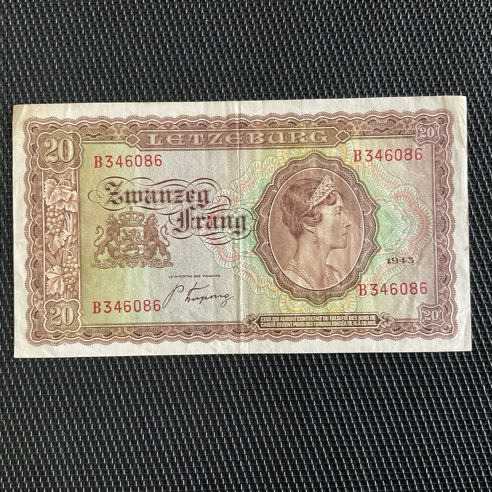 LUXEMBOURG: 20 Francs 1943, Pick 42a, TTB+/VF+ 💥