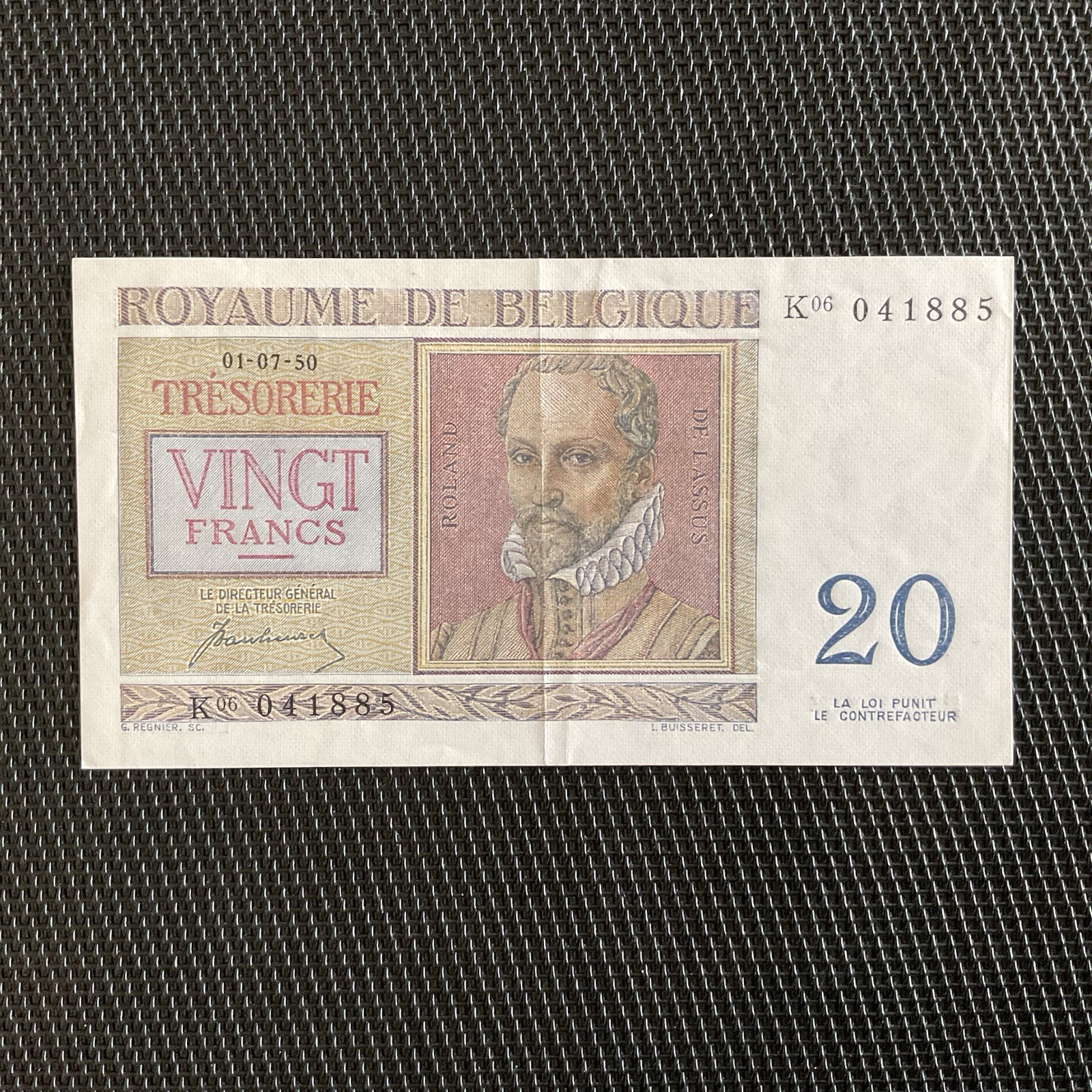 BELGIQUE: 20 Francs 01/07/1950, Trésorerie, Pick 132a, SUP+/XF+ 🌐