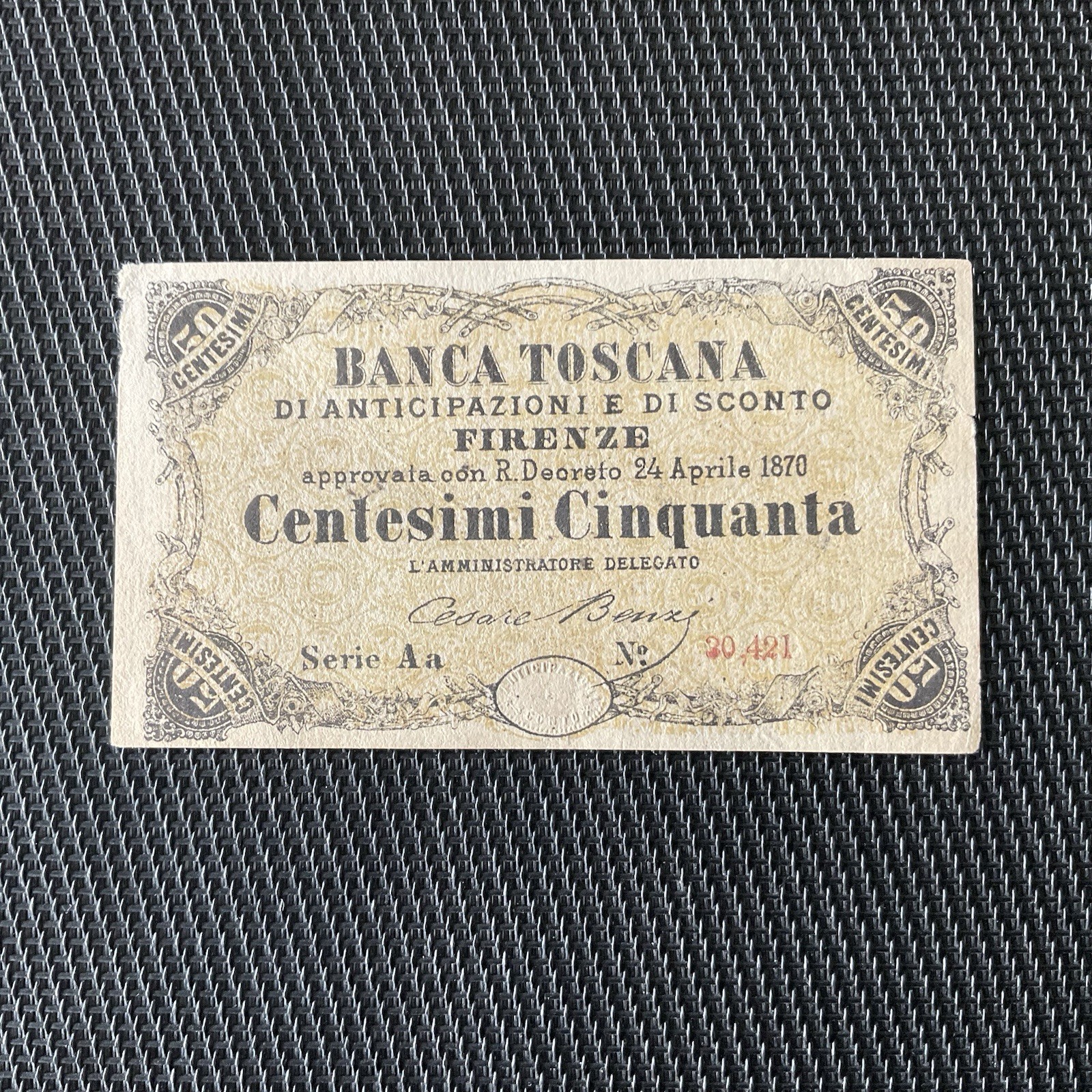 ITALIE: 50 Centesimi 24/04/1870, Banca Toscana, TTB/VF 🌐