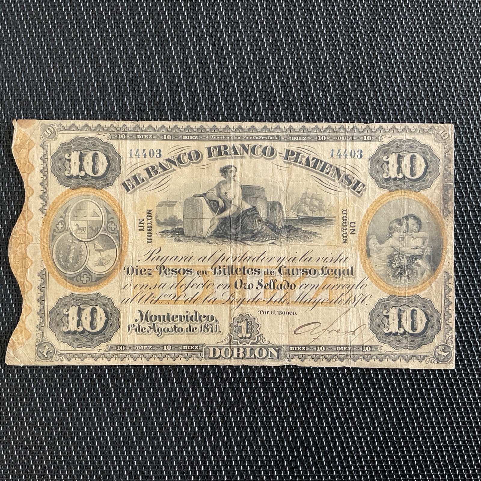 URUGUAY: 10 Pesos 01/08/1871, Banco Franco Platense, Pick S172a, TTB/VF 🔥