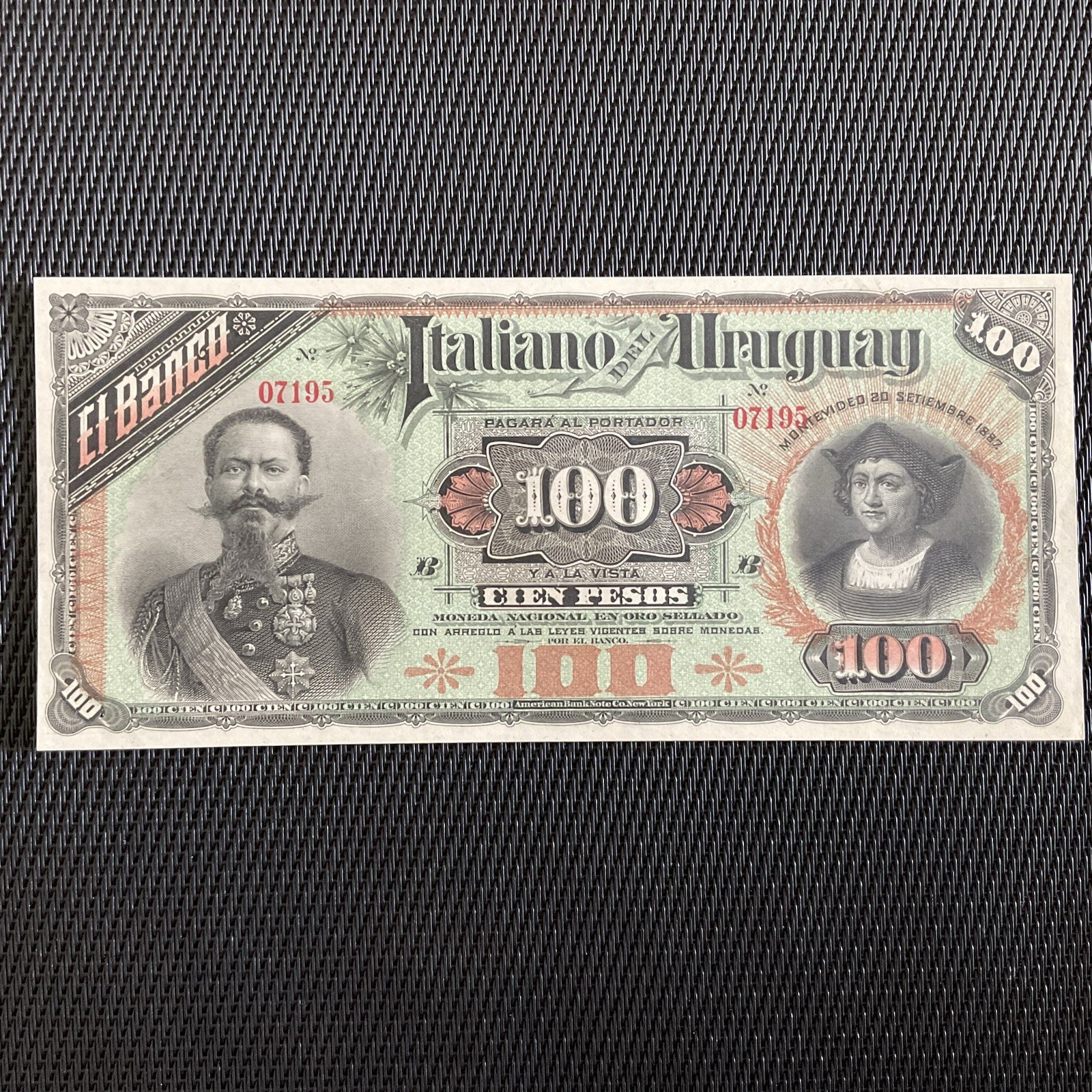 URUGUAY: 100 Pesos 20/09/1887, Banque Italienne, Pick S215, SPL+/AU+ 🔥
