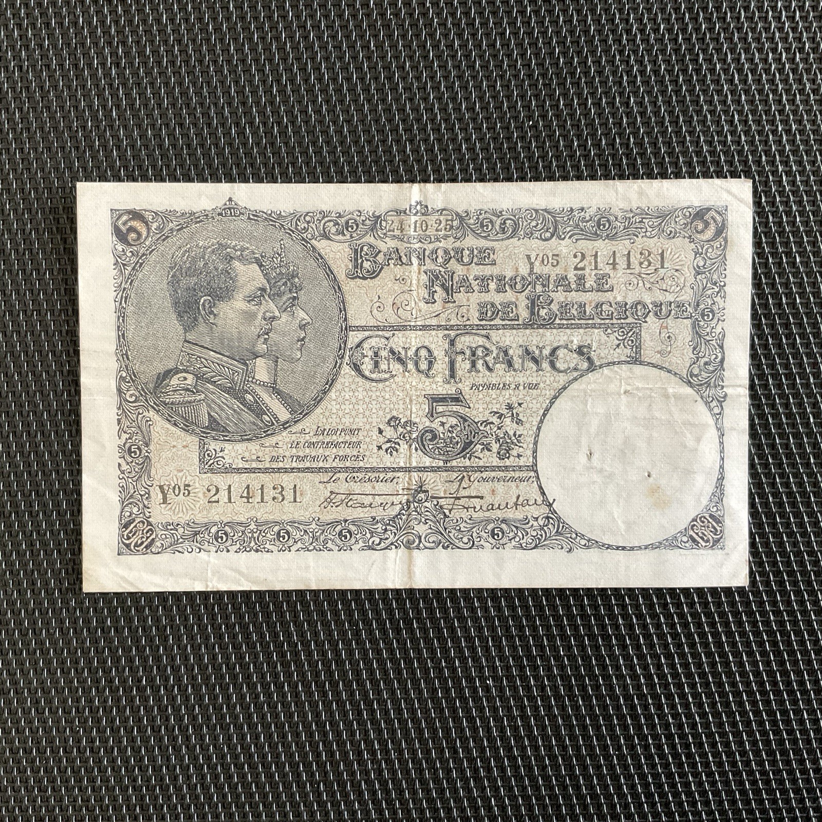 BELGIQUE: 5 Francs 24/10/1925, Pick 93, TTB/VF 🌐