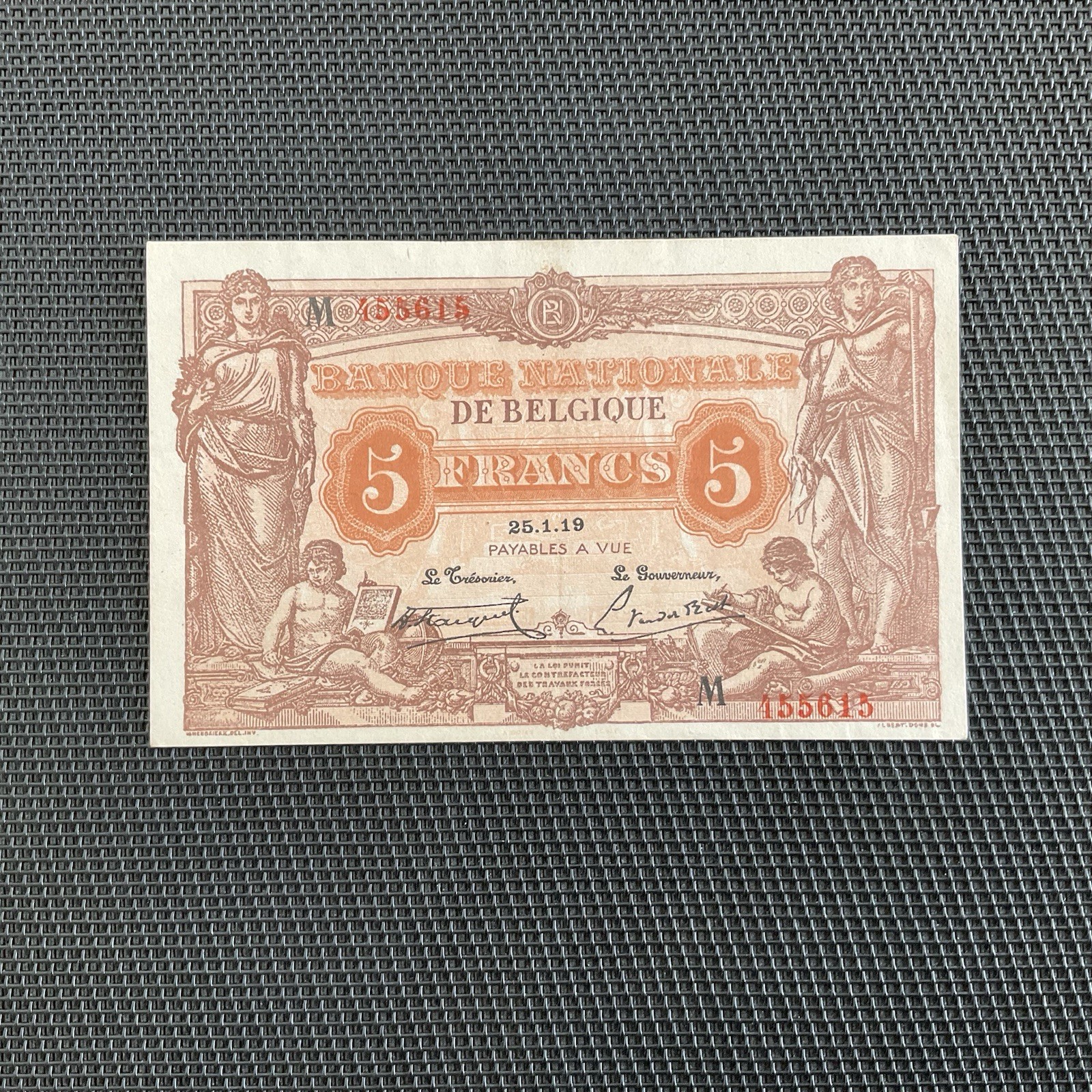 BELGIQUE: 5 Francs 25/01/1919, Pick 74b, Pr.SPL/AU 🔥