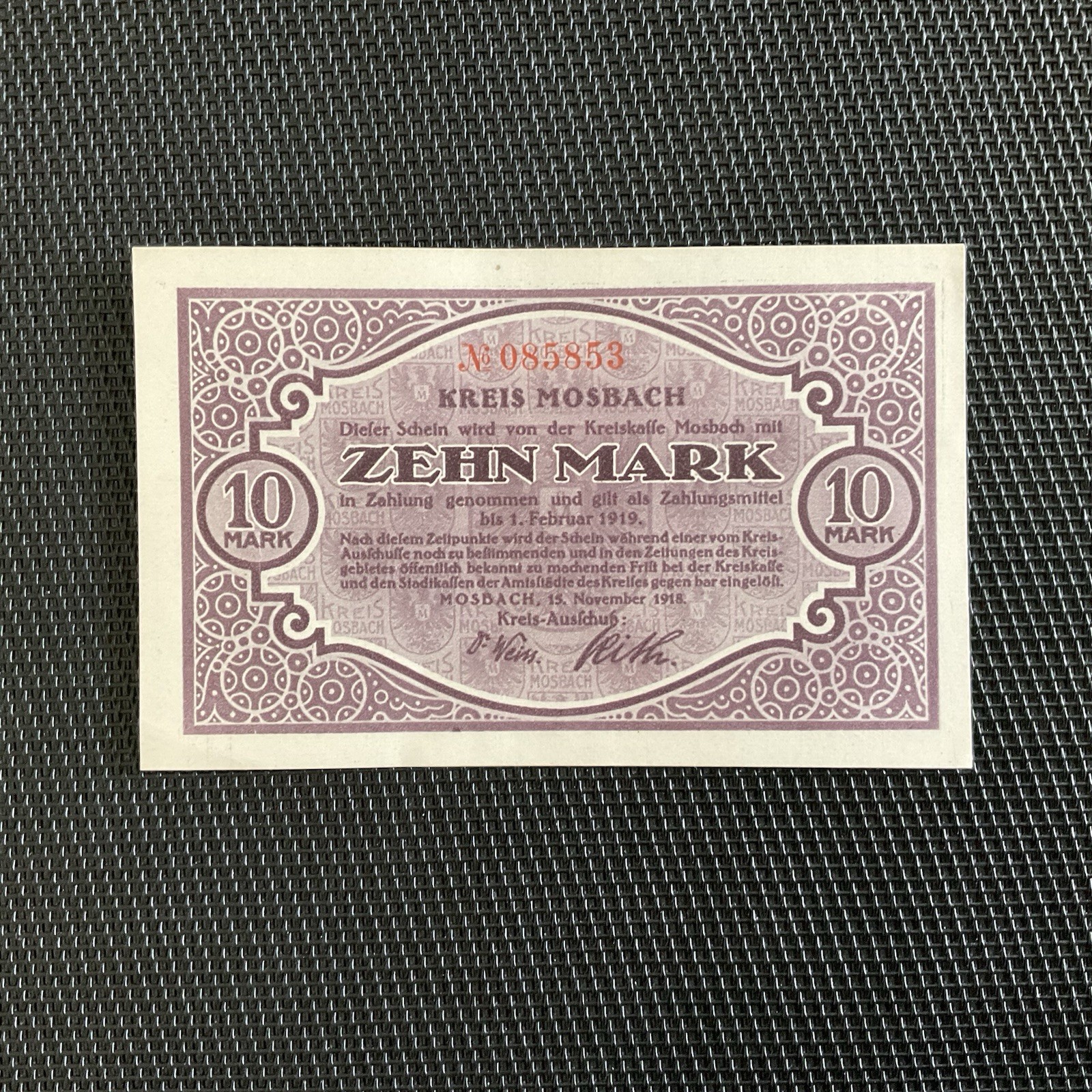 ALLEMAGNE: Notgeld 10 Mark Mosbach 1919, SPL+/AU+ 💥