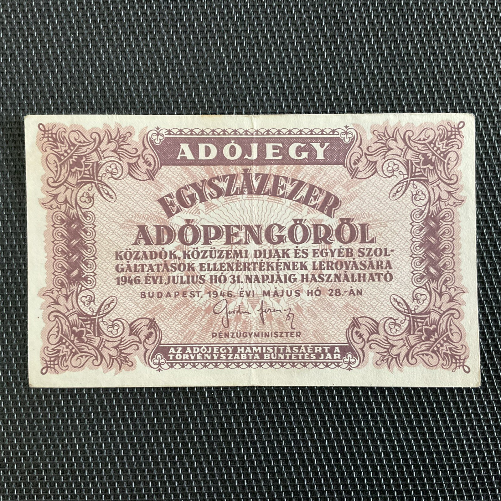 HONGRIE: 100 000 Adopengo 1946, Pick 144e, SUP/XF 💥