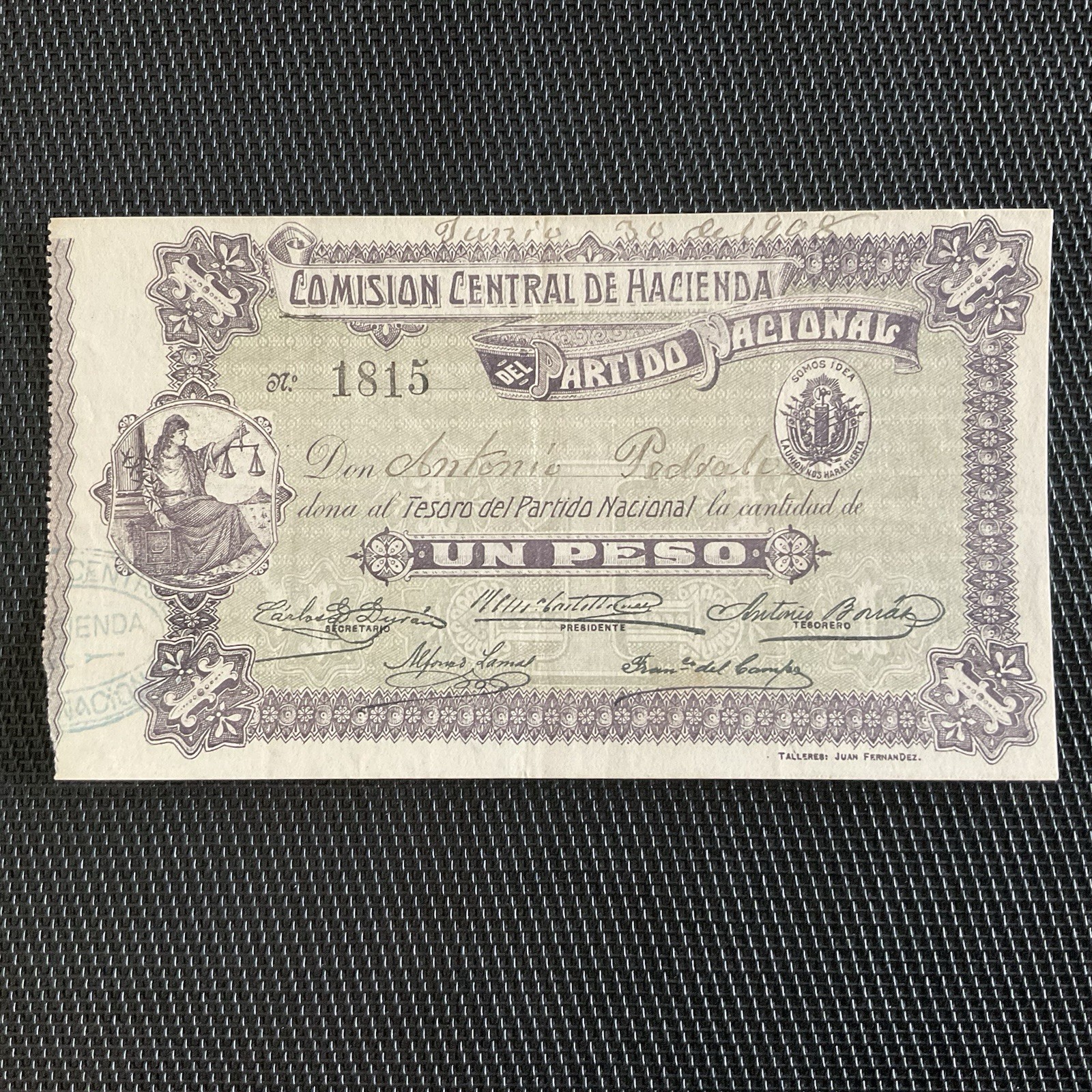 URUGUAY: 1 Peso 1908, Partido Nacional, Pick S498, Pr.SUP/XF 🌐
